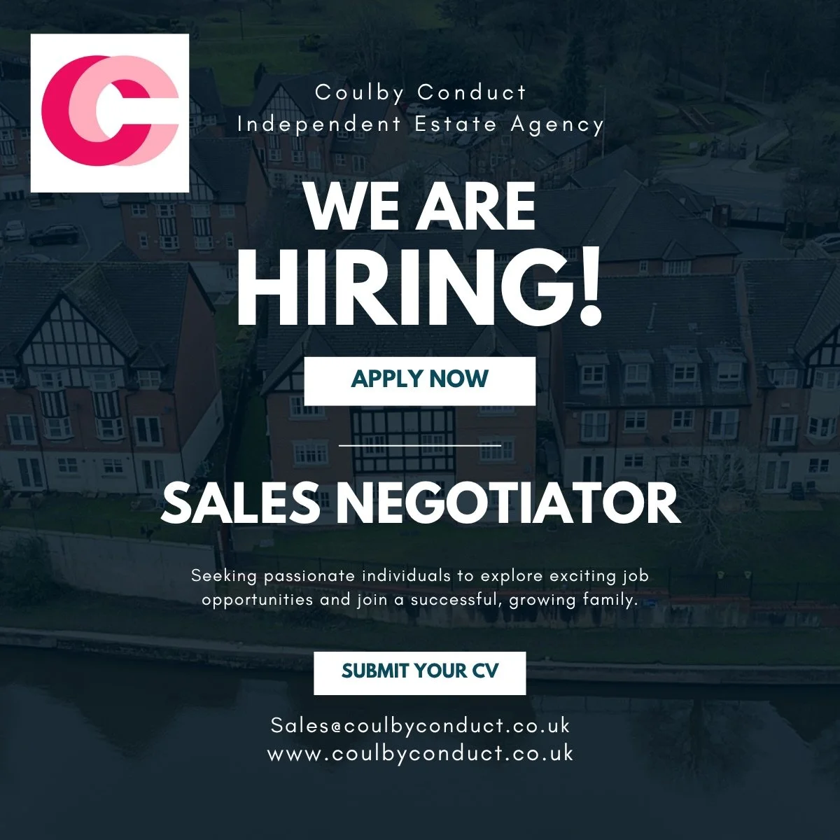 🏡 WE&rsquo;RE HIRING! | SALES NEGOTIATOR

Coulby Conduct Independent Estate Agents are growing, and we&rsquo;re looking for a Sales Negotiator to join our team.

This is a fantastic opportunity to become part of a busy, independent and ambitious est