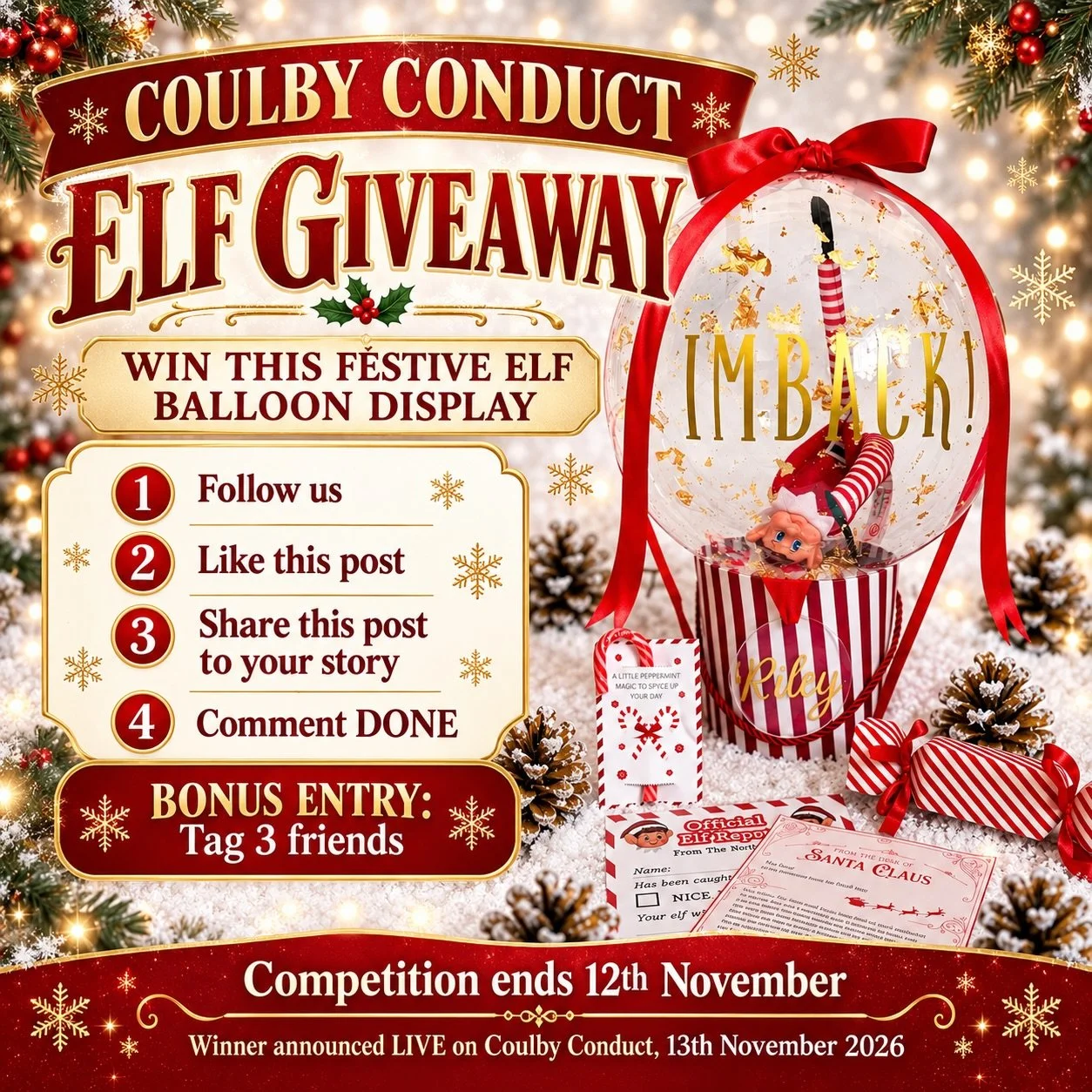 🎄🎅🏻 ✨ COULBY CONDUCT ELF GIVEAWAY! ✨ 🎈❤️

Fancy winning this gorgeous Elf Balloon Display just in time for Christmas?! 🎄😍

Our cheeky little elf is BACK! 🧝&zwj;♂️❤️ And we&rsquo;re giving one lucky winner the chance to win this festive balloon