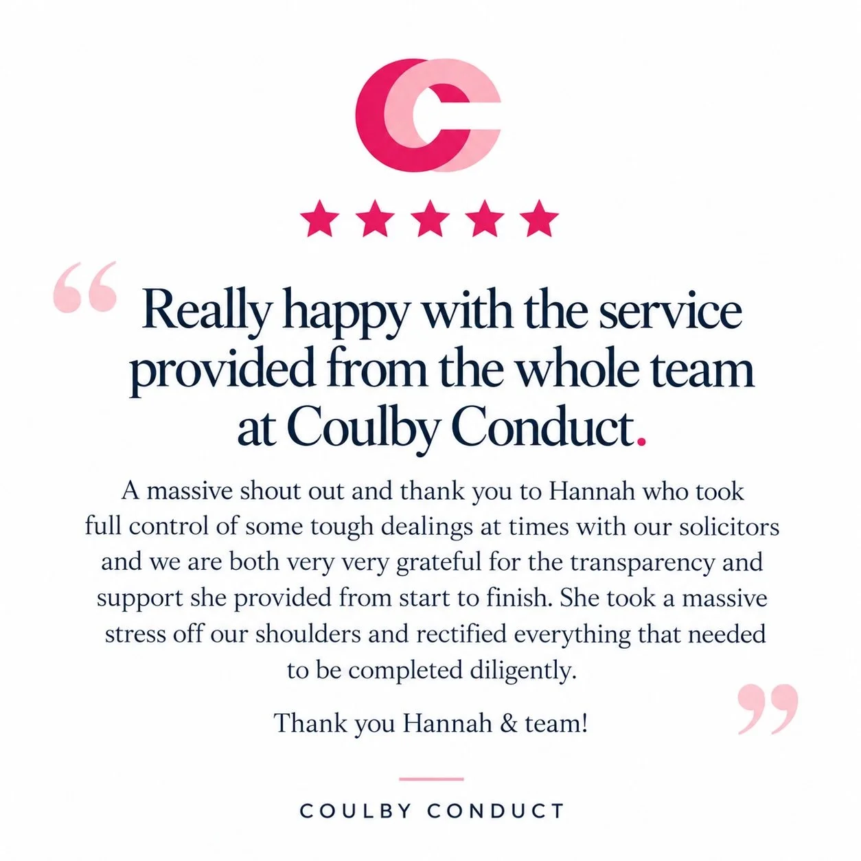 💗 This is what Coulby Conduct are here for! 💗

Helping you move, making the stressful bits easier, keeping you informed every step of the way and going that extra mile when it matters most. 🏡✨

We&rsquo;re so grateful to every client who has trust