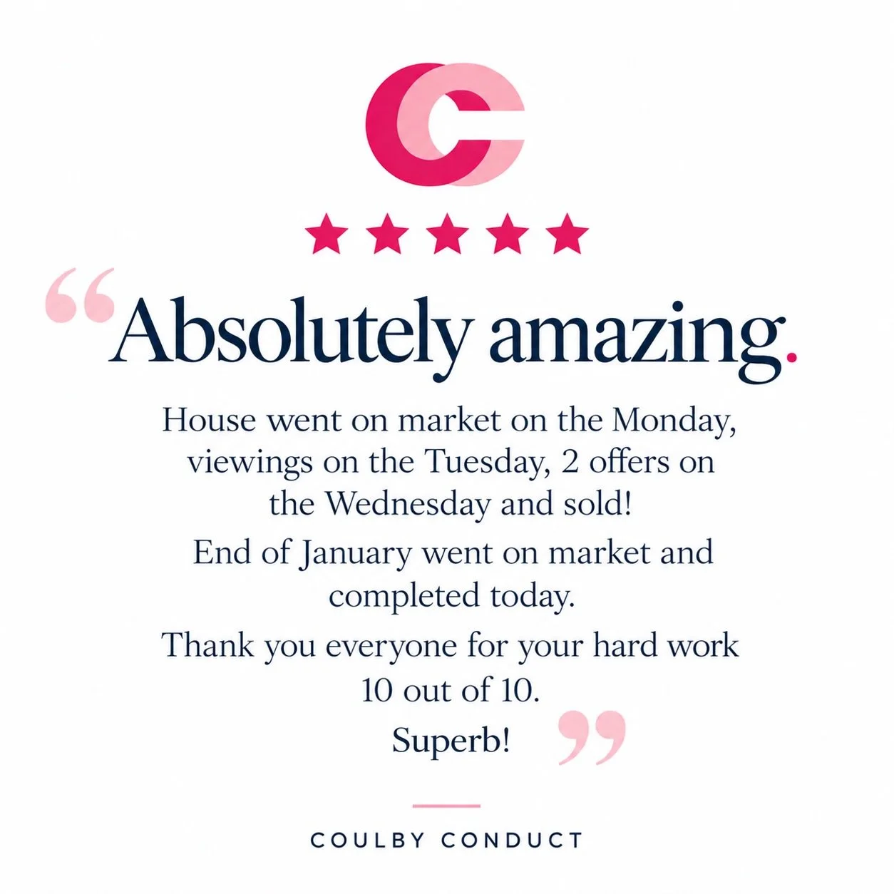 💗 This is what Coulby Conduct are here for! 💗

Helping you move, making the stressful bits easier, keeping you informed every step of the way and going that extra mile when it matters most. 🏡✨

We&rsquo;re so grateful to every client who has trust