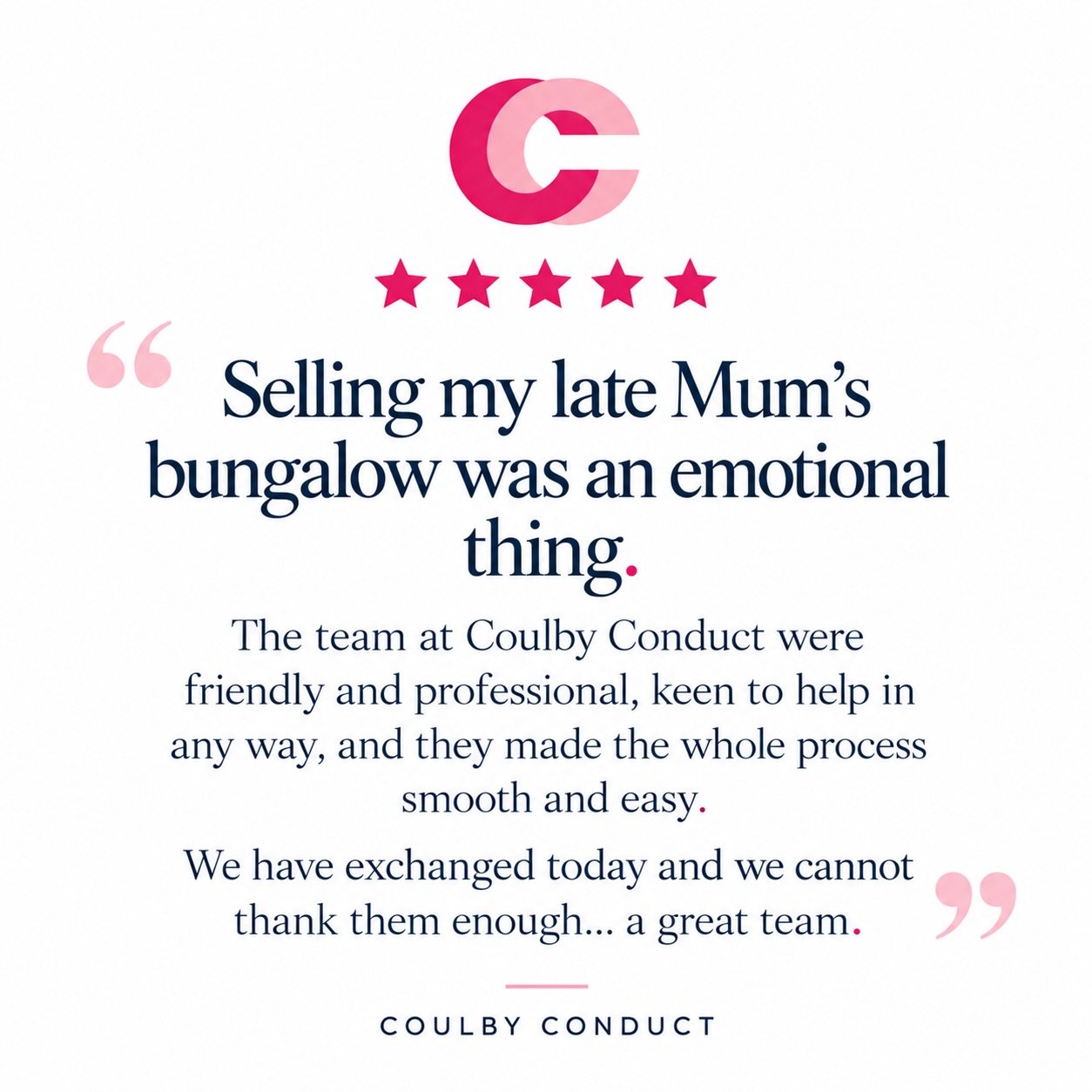 💗 This is what Coulby Conduct are here for! 💗

Helping you move, making the stressful bits easier, keeping you informed every step of the way and going that extra mile when it matters most. 🏡✨

We&rsquo;re so grateful to every client who has trust