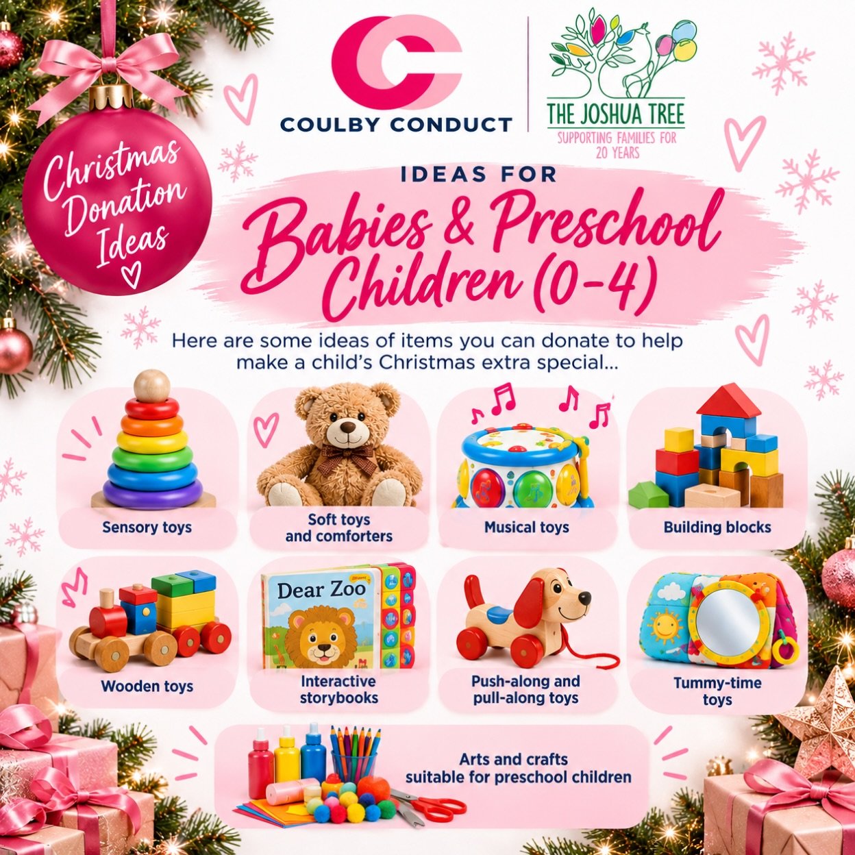🎄💗 CHRISTMAS DONATION IDEAS &ndash; BABIES &amp; PRESCHOOL CHILDREN (AGES 0&ndash;4) 💗🎄

This Christmas, let&rsquo;s help make a little one&rsquo;s festive season extra special! 🎁✨

As an official drop-off point for The Joshua Tree, Coulby Condu