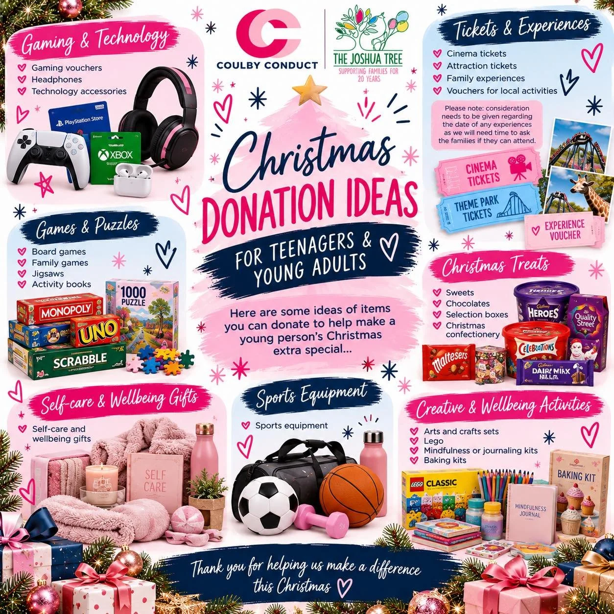 🎄💗 CHRISTMAS DONATION IDEAS &ndash; TEENAGERS &amp; YOUNG ADULTS! 💗🎄

This Christmas, let&rsquo;s help make the festive season special for everyone! 🎁✨

As an official drop-off point for The Joshua Tree, Coulby Conduct is collecting donations to