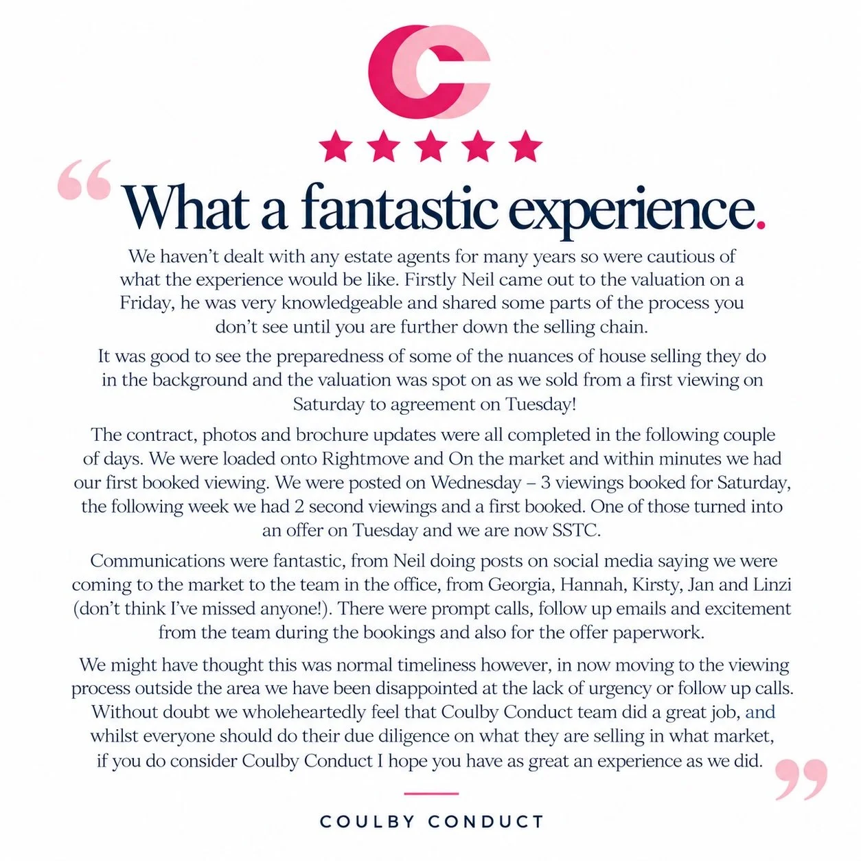 💗 This is what Coulby Conduct are here for! 💗

Helping you move, making the stressful bits easier, keeping you informed every step of the way and going that extra mile when it matters most. 🏡✨

We&rsquo;re so grateful to every client who has trust