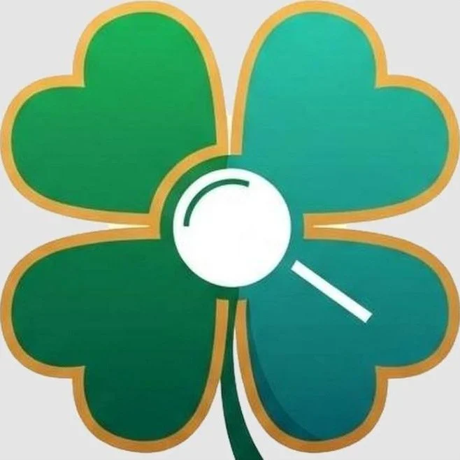 Lucky Investigations logo: a green four-leaf clover with a magnifying glass.