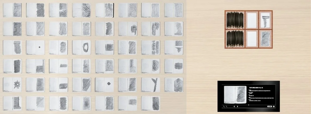 A plan that shows how the textures can be displayed. The books are opened on a table, next to them is a digital screen where you can flip through all texture books, and a box with tools to make your own texture, and tactile textures to be felt.