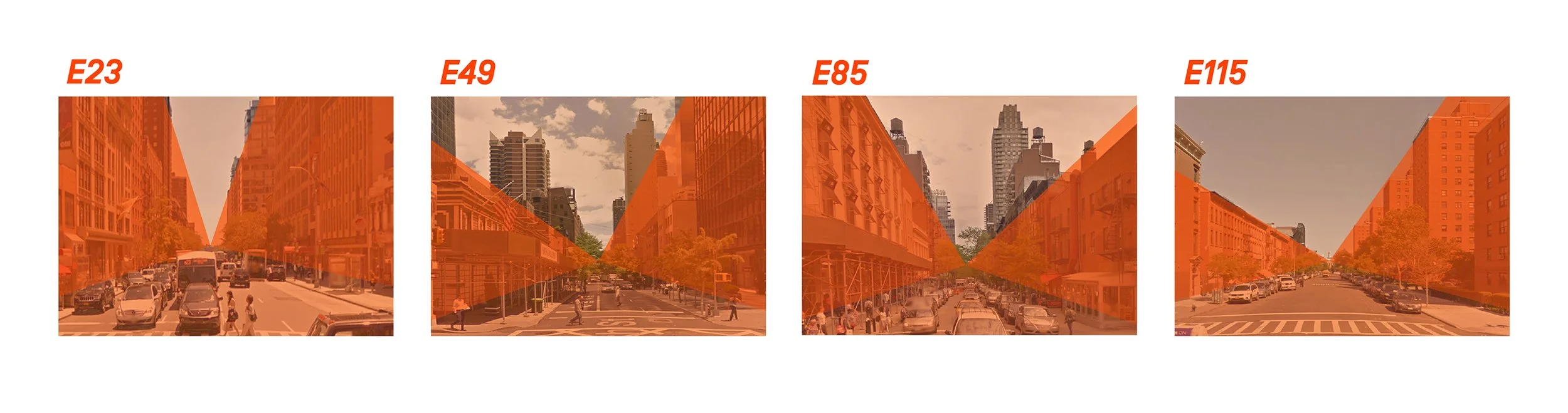 he diagrammatic layout of buildings, street, and sky, with small local adjustments fits more or less all the streets, making each photo similar in conceptual composition.