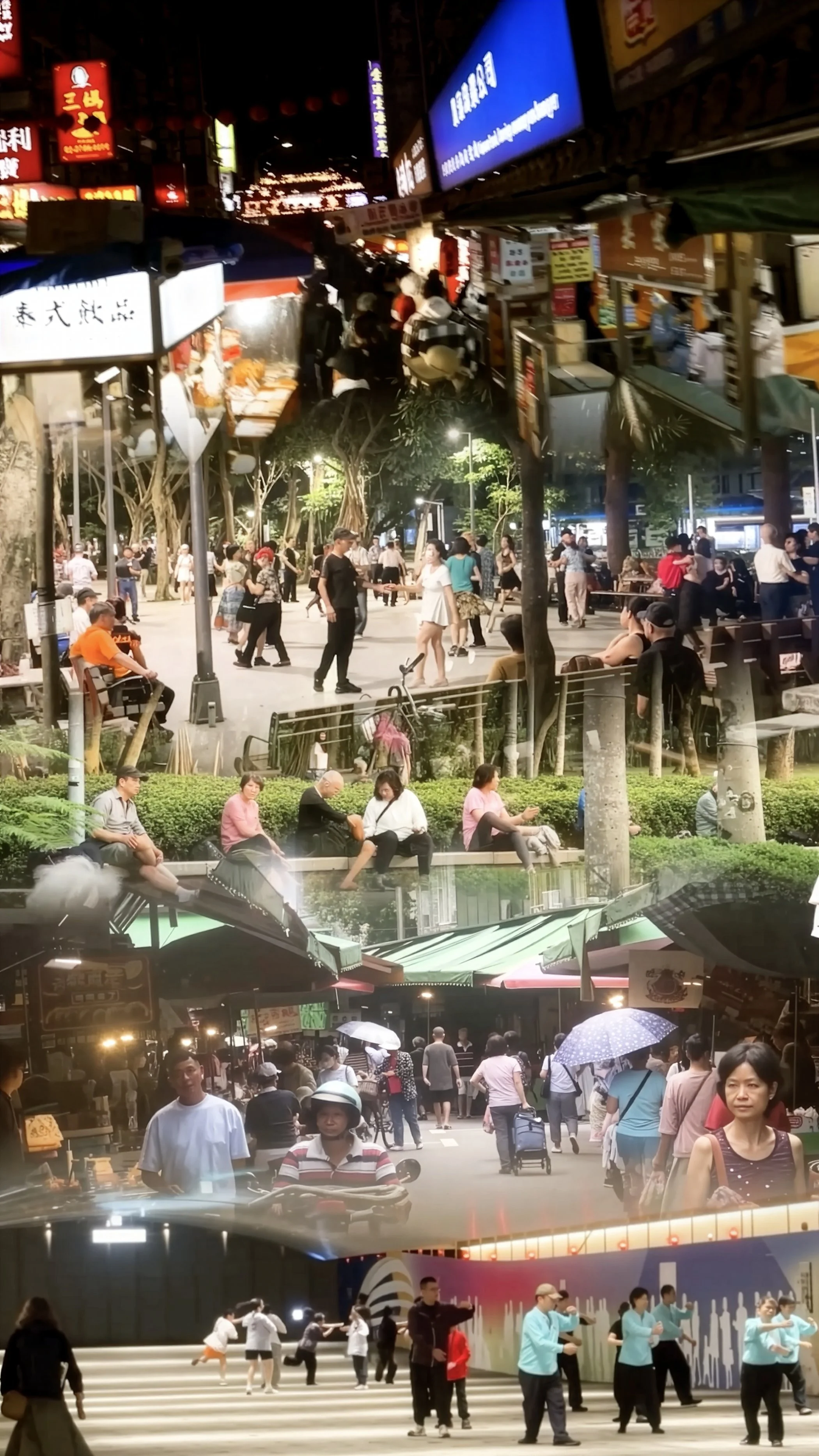 Screenshot. Five distinct horizontal scenes on top of each other, blurred at the edges . From top: night market, a communal dance at a square, exercise gathering in a park, a street wet market, group dancing and exercise in a tunnel