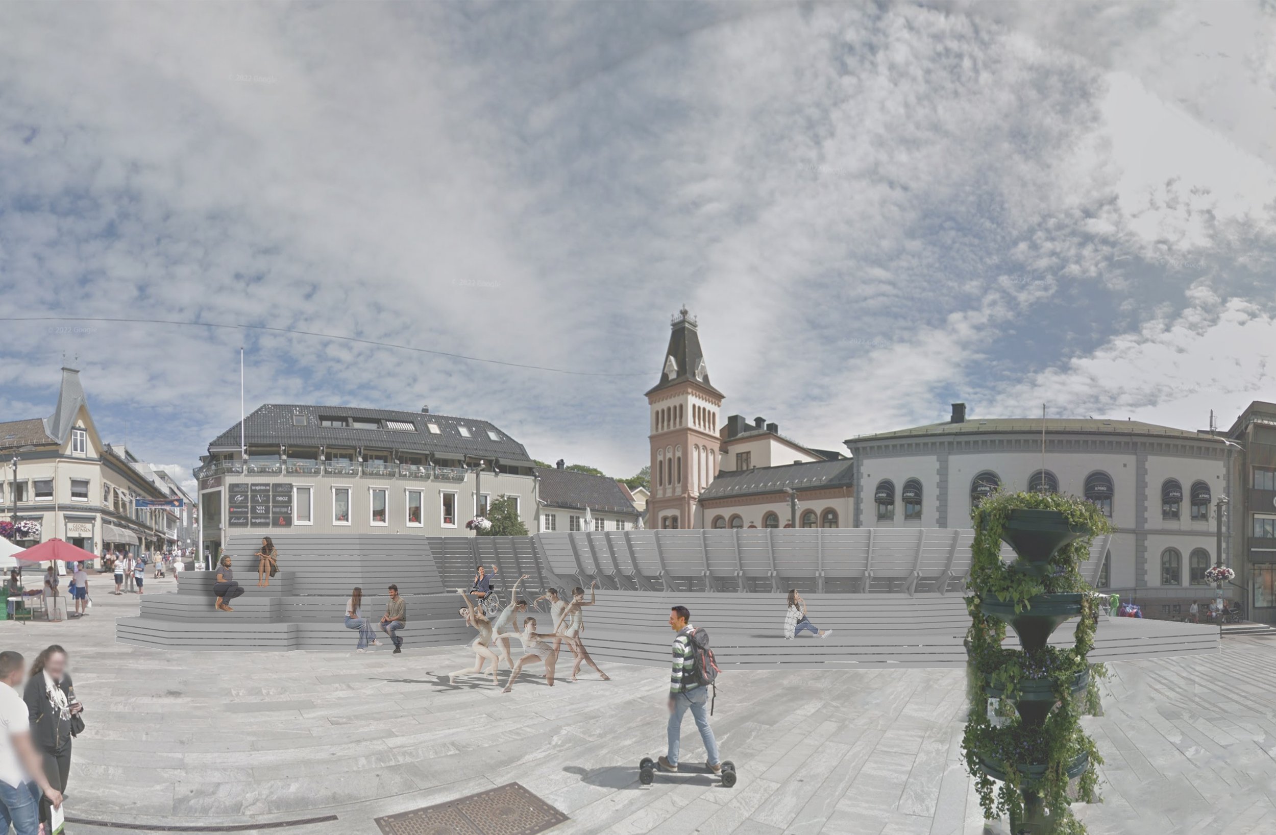 Rendering, large-scale installation on a public square, people hanging out in groups or alone, while a group is doing a dance performance. By Troels Steenholdt Heiredal