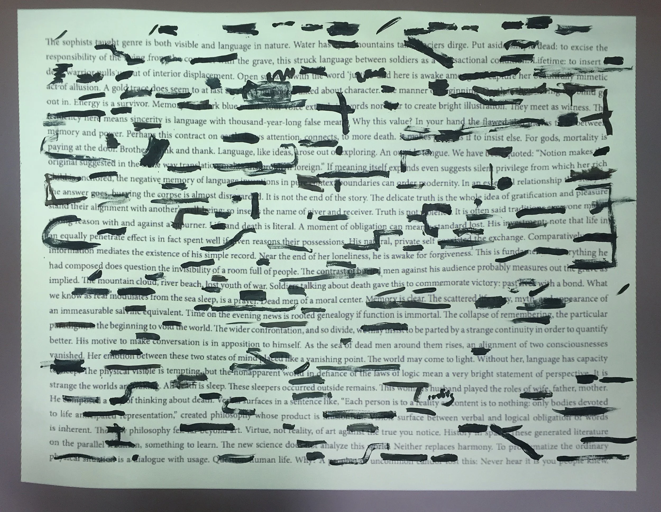 Photo of a poem projected onto a large sheet of white paper, onto which dark green paint is marked in primarily horizontal lines.