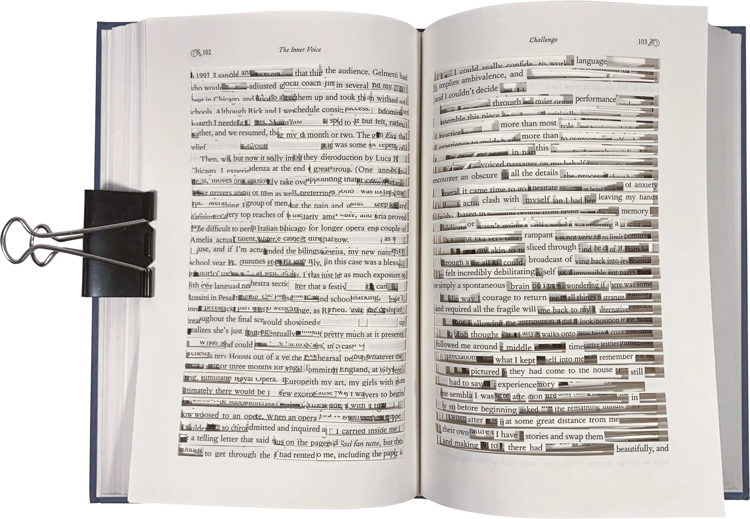 Photo of a book, with words and lines physically cut out of a book, leaving a found poem, it's written out in the image caption, titled: A Rampant Sliced Through Broadcast of Self. By Troels Steenholdt Heiredal