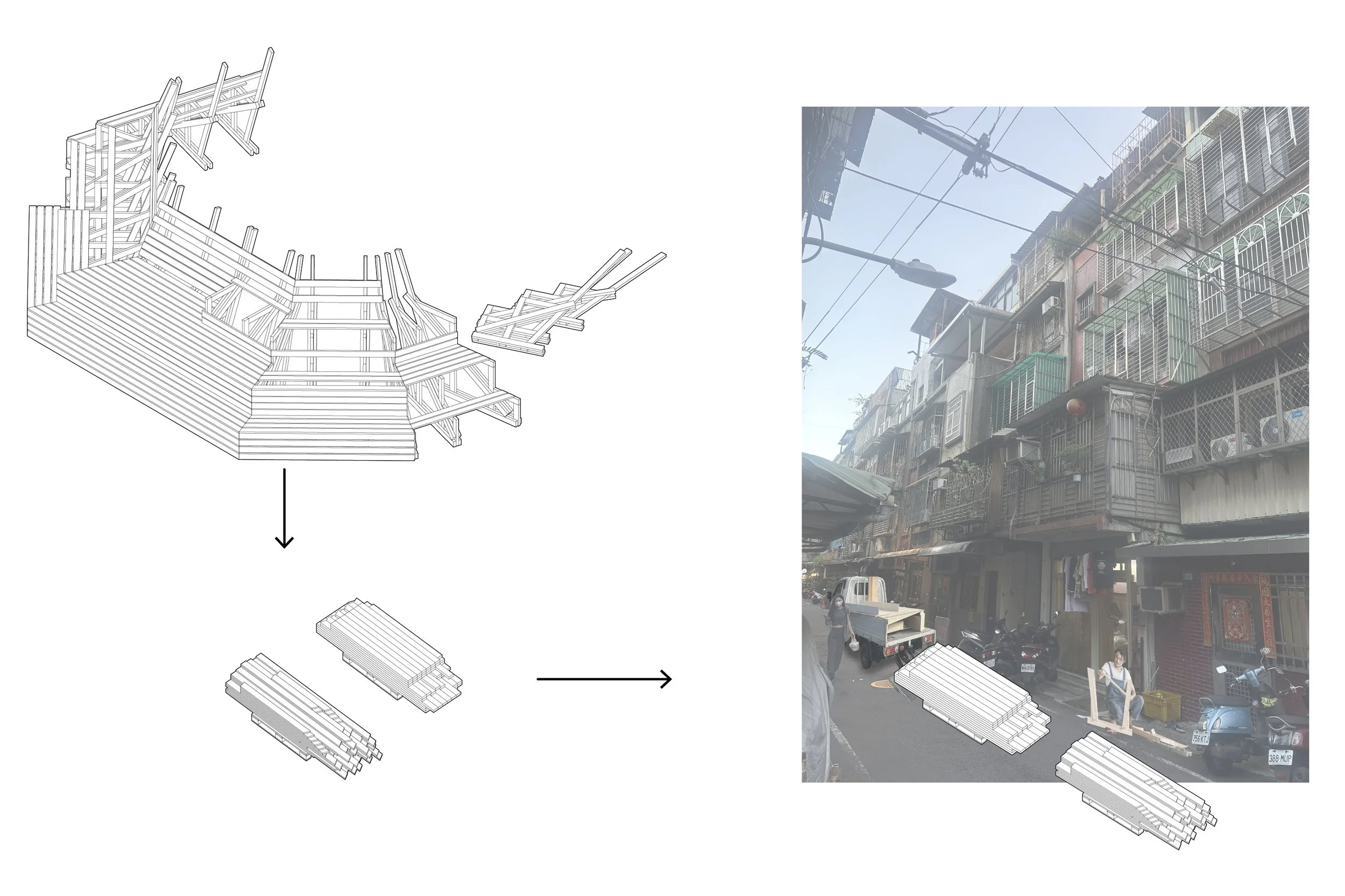 A line drawing of disassembling the structure, next to a photograph, where the singular pieces of wood are placed in front of a residential unit, and a person is using them to build something for themselves. By Troels Steenholdt Heiredal