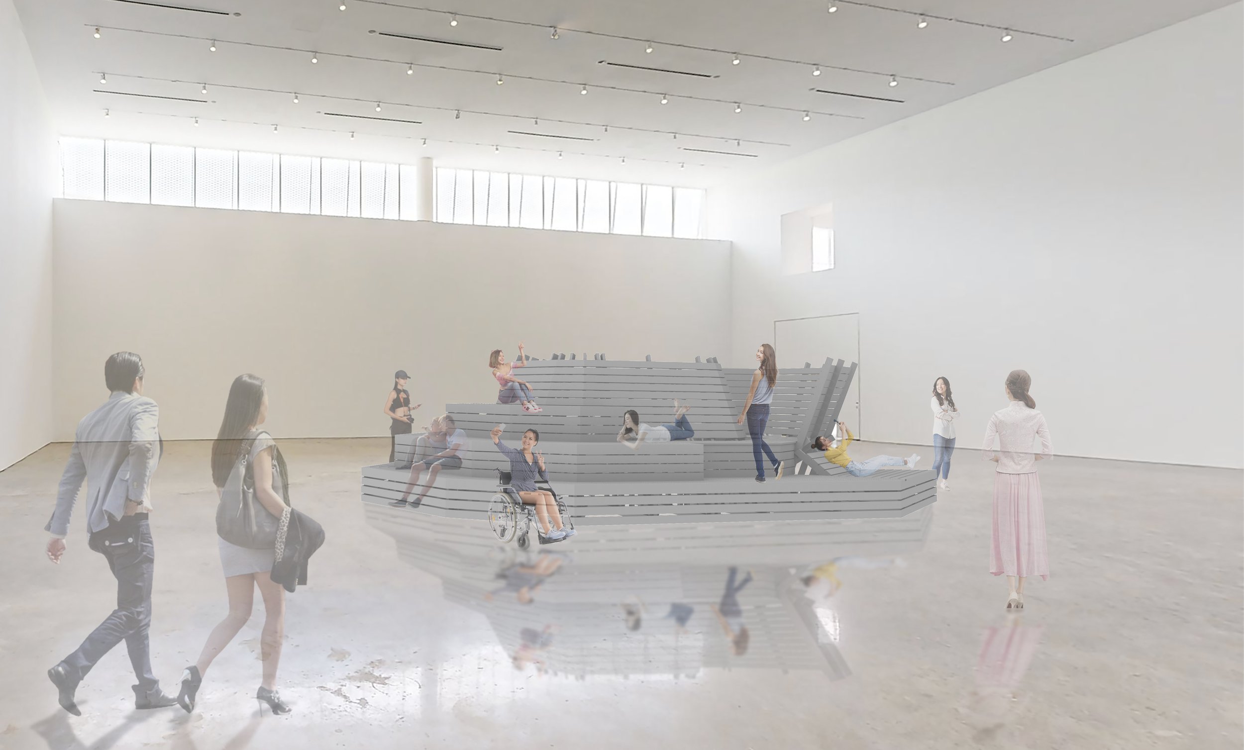 Rendering of Field of Relation: The Shape of Rest installed in a gallery space, with people out hanging out on and around it.  By Autistic Architect and Artist Troels Steenholdt Heiredal