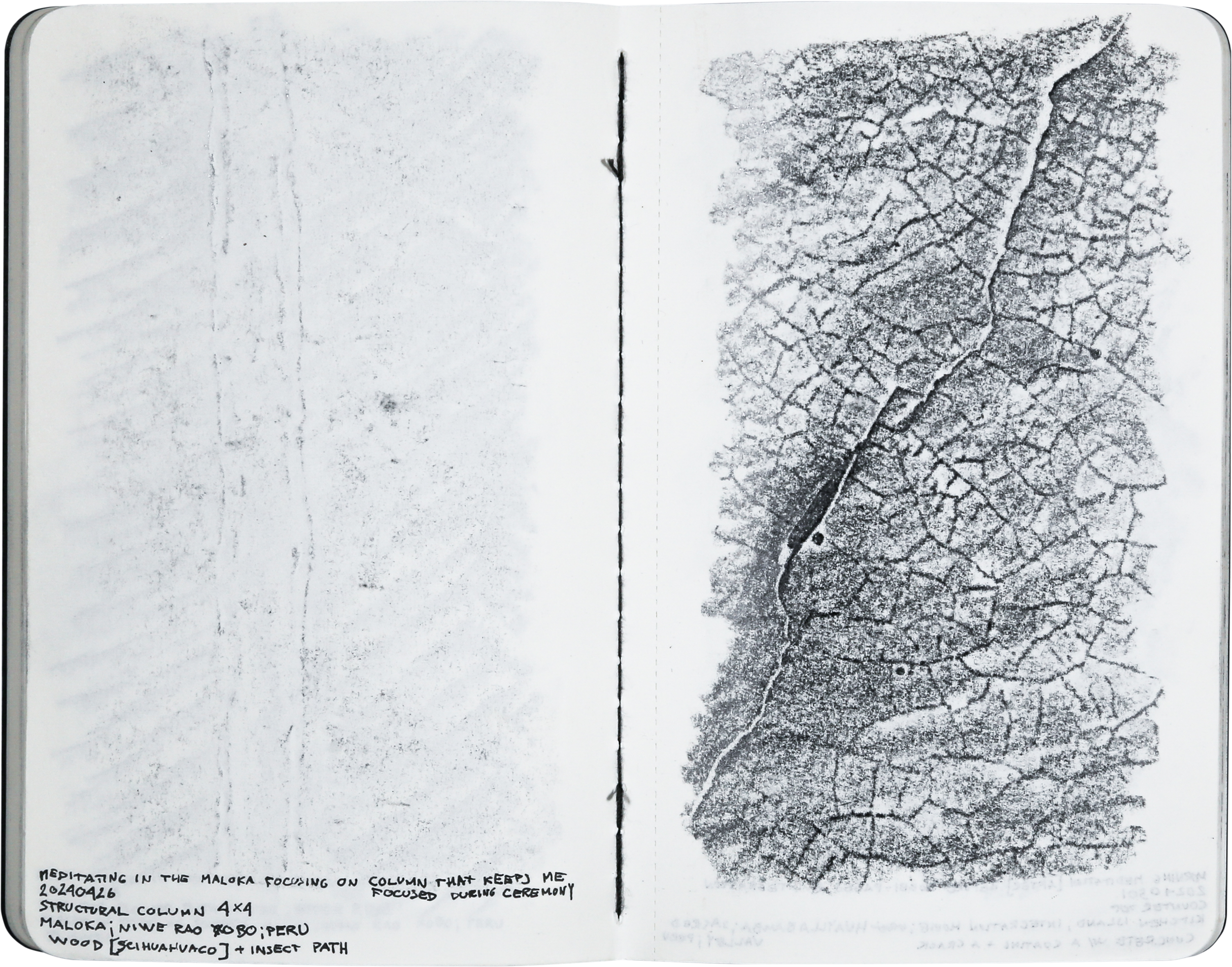 Photo of an open Moleskine notebook with a carbon rubbing of a concrete kitchen island, the surface is fractured like dried mud. The rubbing is made by artist & arch. Troels Steenholdt Heiredal, in a bungalow in Sacred Valley, Peru. May 1st, 2024