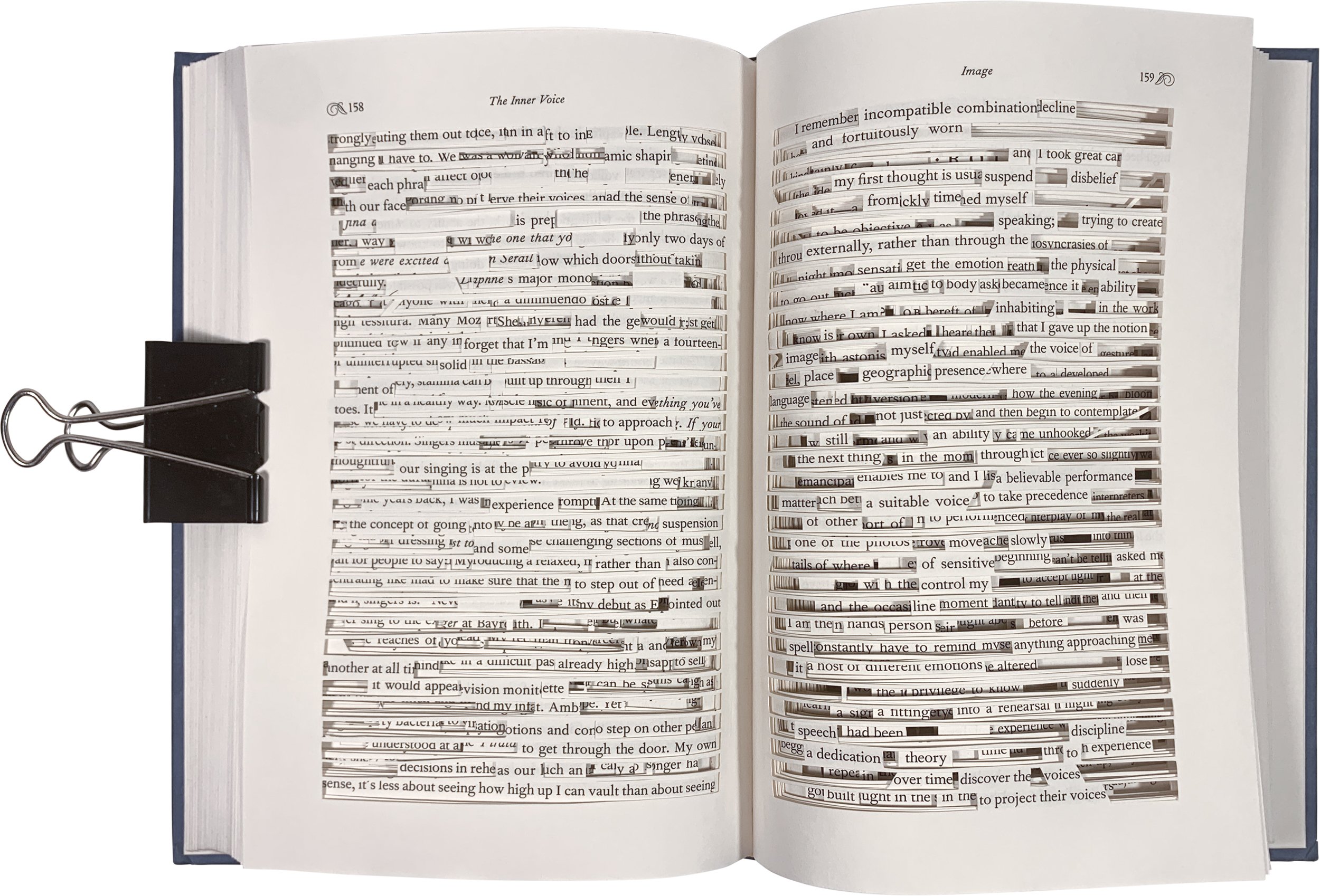 Photo of a book, with words and lines physically cut out of a book, leaving a found poem, it's written out in the image caption, titled: Inhabiting Myself. By Troels Steenholdt Heiredal