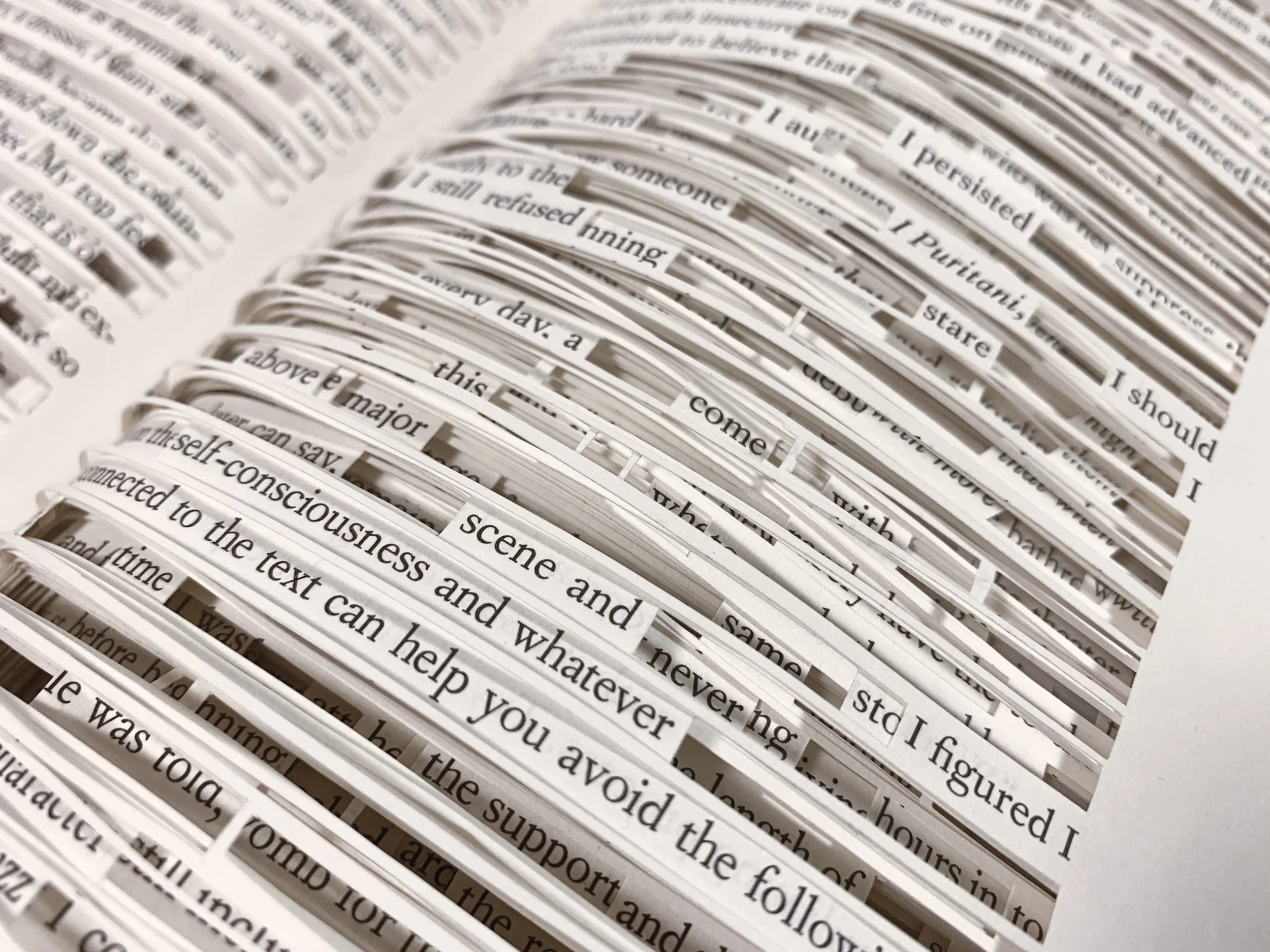 Close up of one side of the book, all the lines cut out allows you to read in 3D, mixing words from dif. pages to re-create your own poem. By Autistic Artist and Architect Troels Steenholdt Heiredal