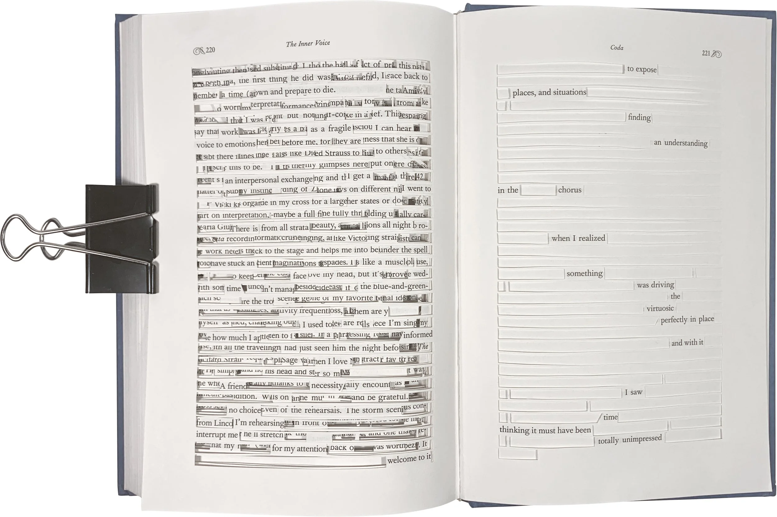 Photo of a book, with words and lines physically cut out of a book, leaving a found poem, it's written out in the image caption, titled: Unimpressed. By Troels Steenholdt Heiredal