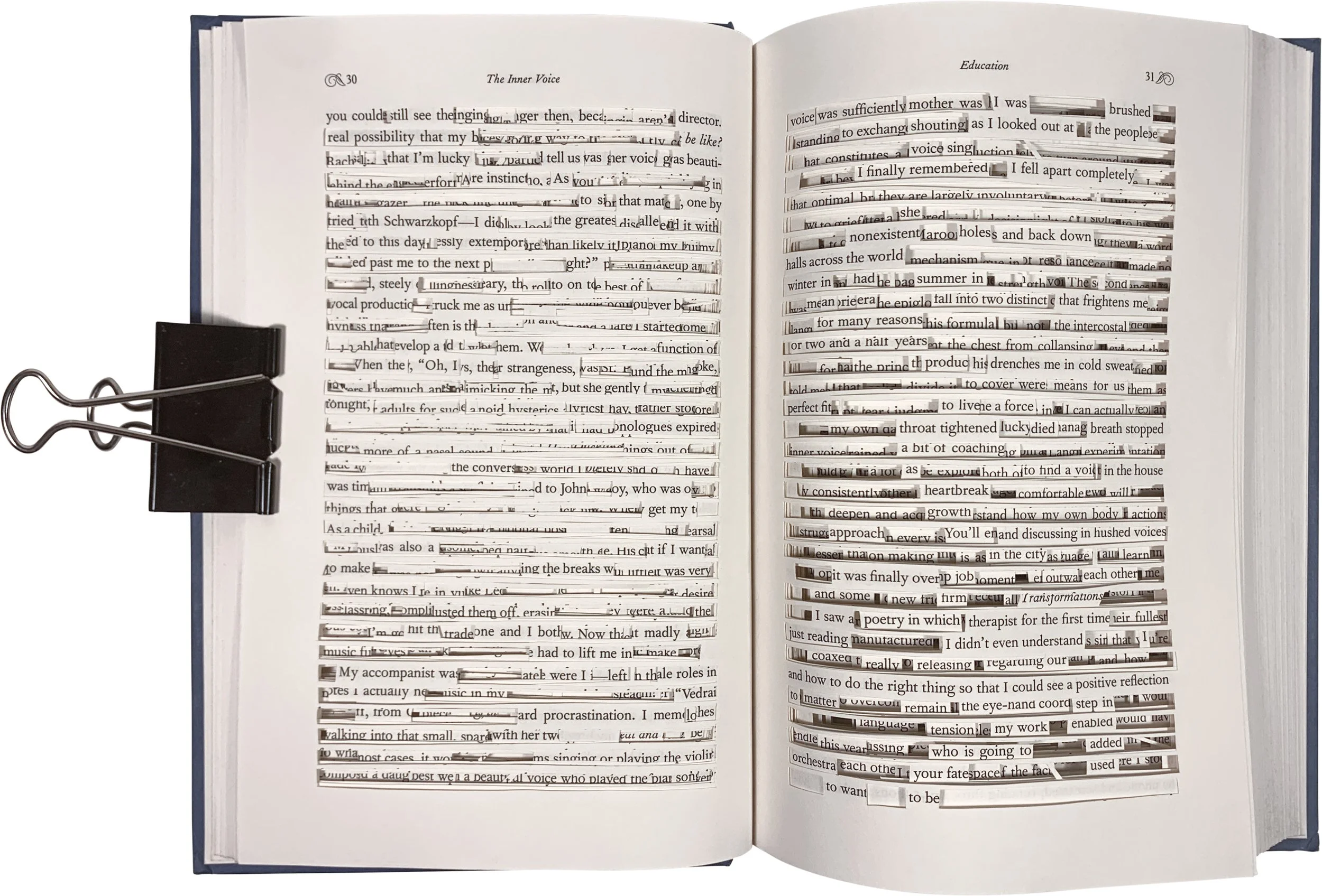 Photo of a book, with words and lines physically cut out of a book, leaving a found poem, it's written out in the image caption, titled: Therapy. By Troels Steenholdt Heiredal