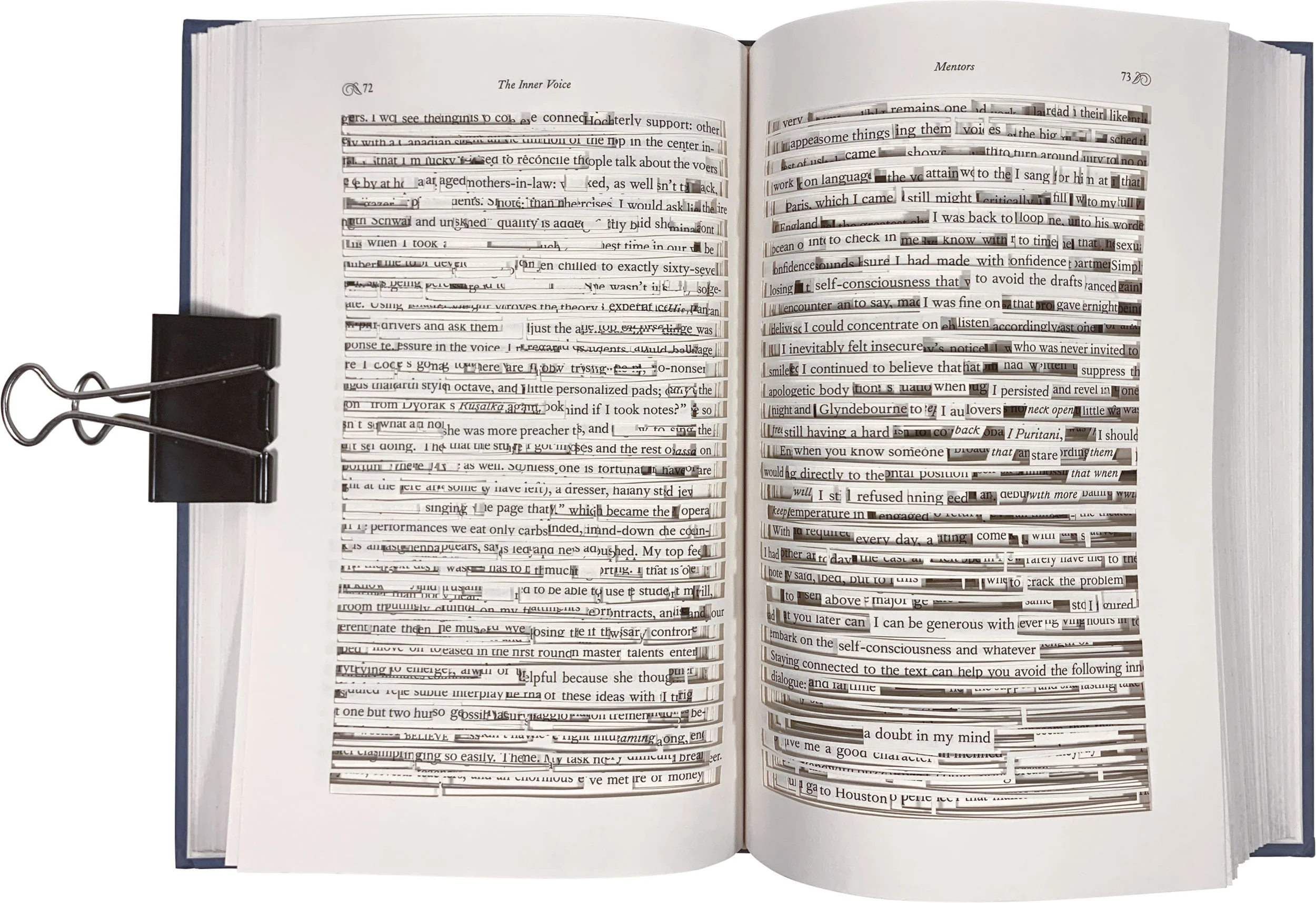 Photo of a book, with words and lines physically cut out of a book, leaving a found poem, it's written out in the image caption, titled: Haiku. By Troels Steenholdt Heiredal