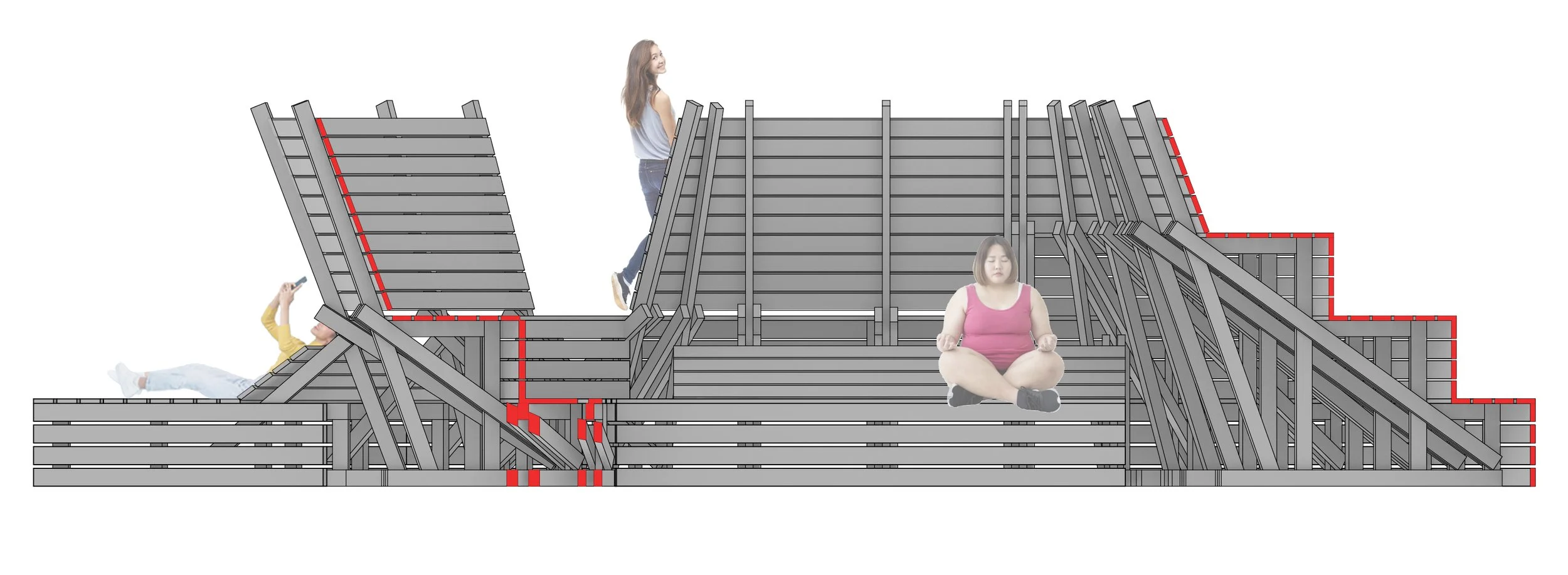 Section, showing the calm inner space, the semi-private leaned back outer space, and the auditorium seating as a public spot. By Autistic Architect and Artist Troels Steenholdt Heiredal