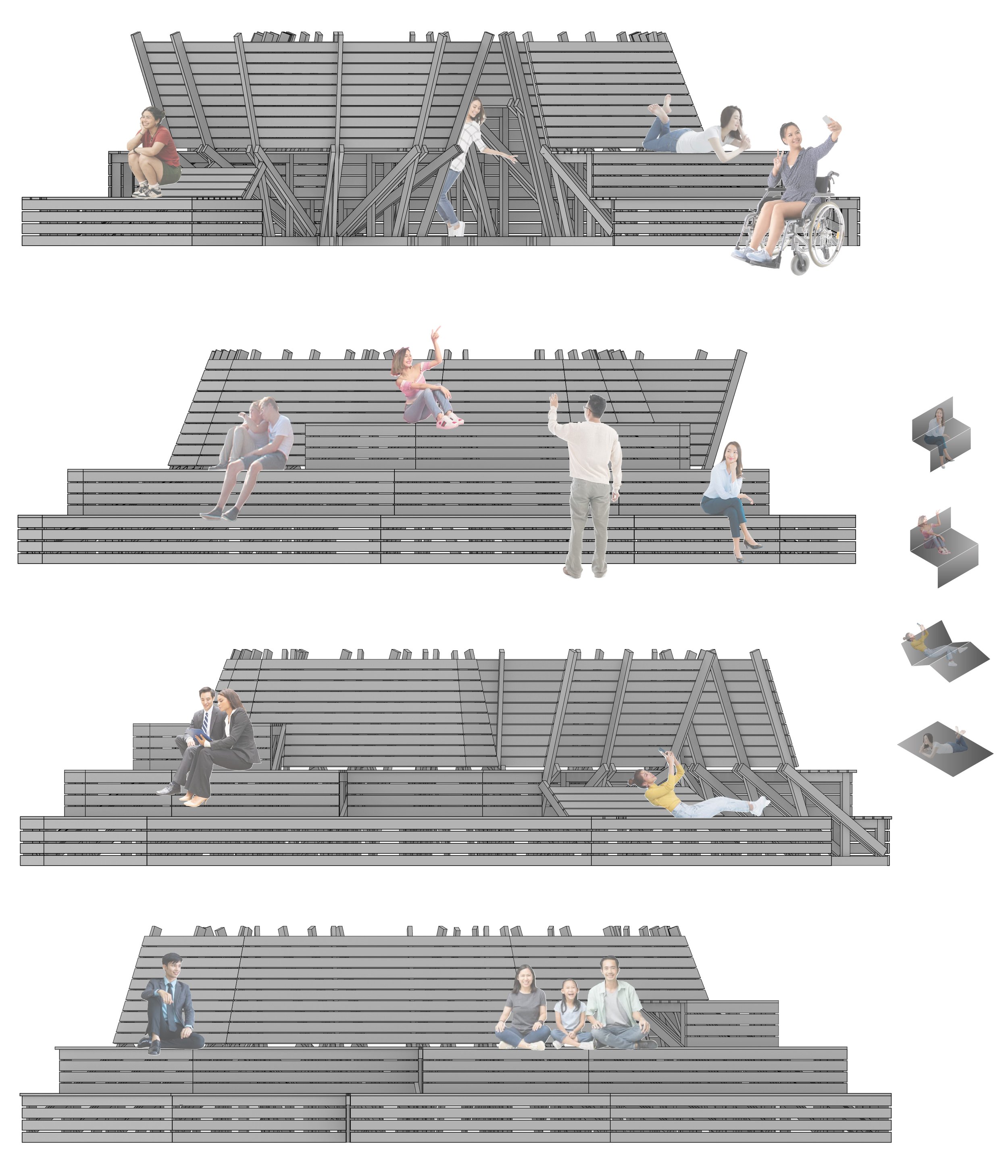 Four elevations, in each of them, people are hanging out alone or in groups. Along the side, the diagram of the different rest possibilities are shown, reflected in some of the people on the rendering. By Troels Steenholdt Heiredal