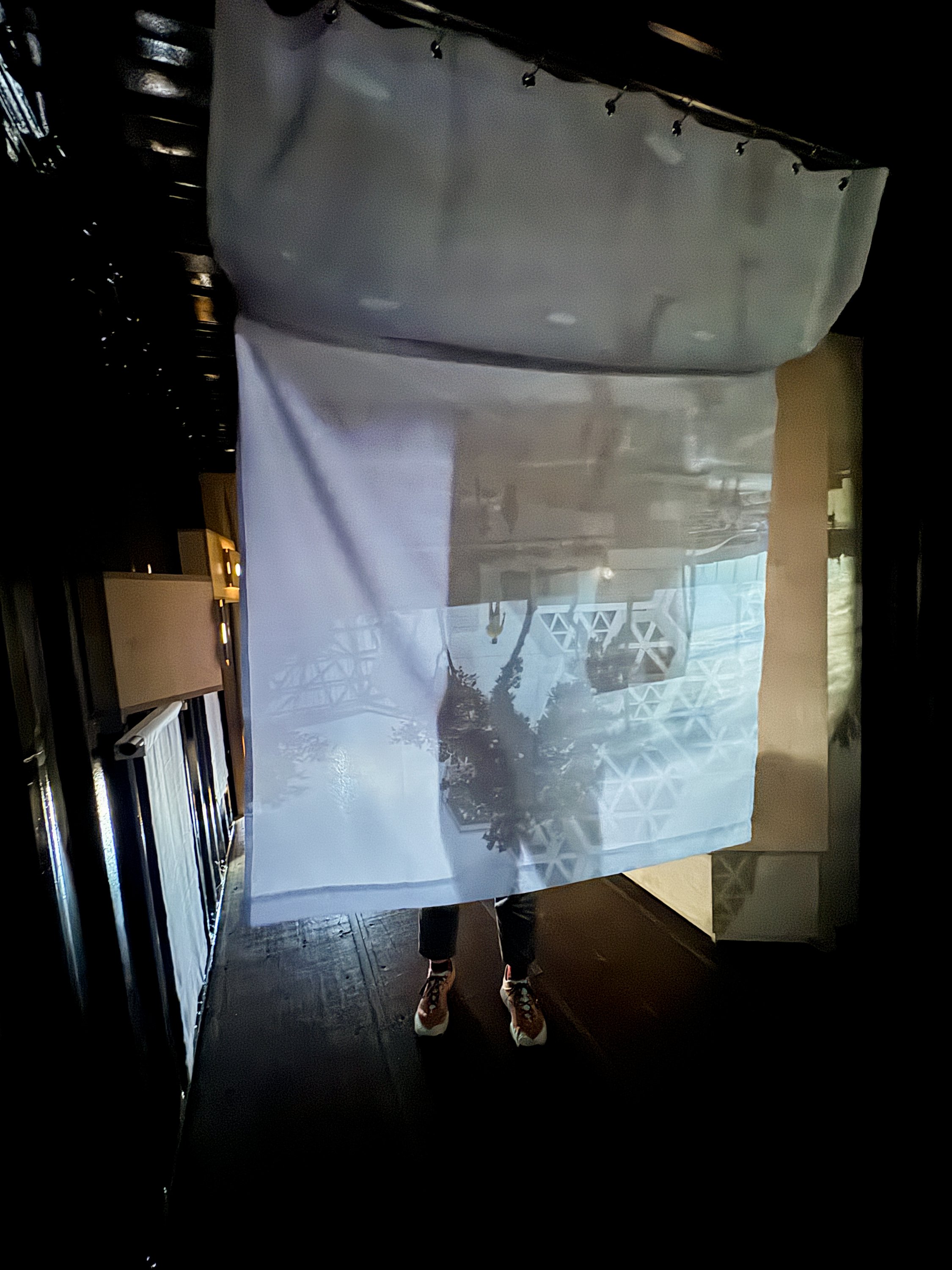 Image Description: Interior view of a person holding up a screen to change the focal point to show a singular person standing on top of a small hill under some trees in front of the Pop Music Center.