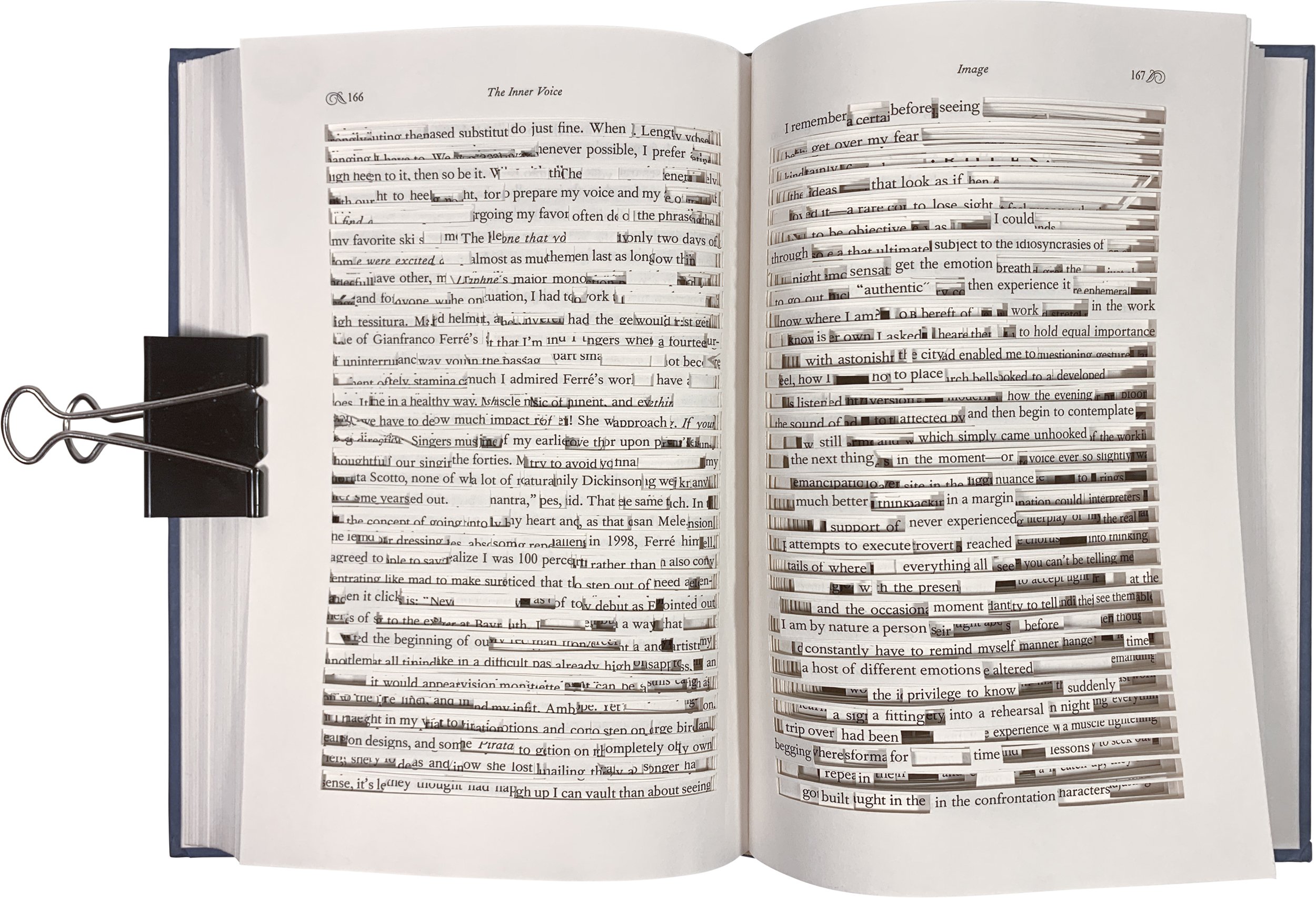 Photo of a book, with words and lines physically cut out of a book, leaving a found poem, it's written out in the image caption, titled: A Host of Different Emotions. By Troels Steenholdt Heiredal