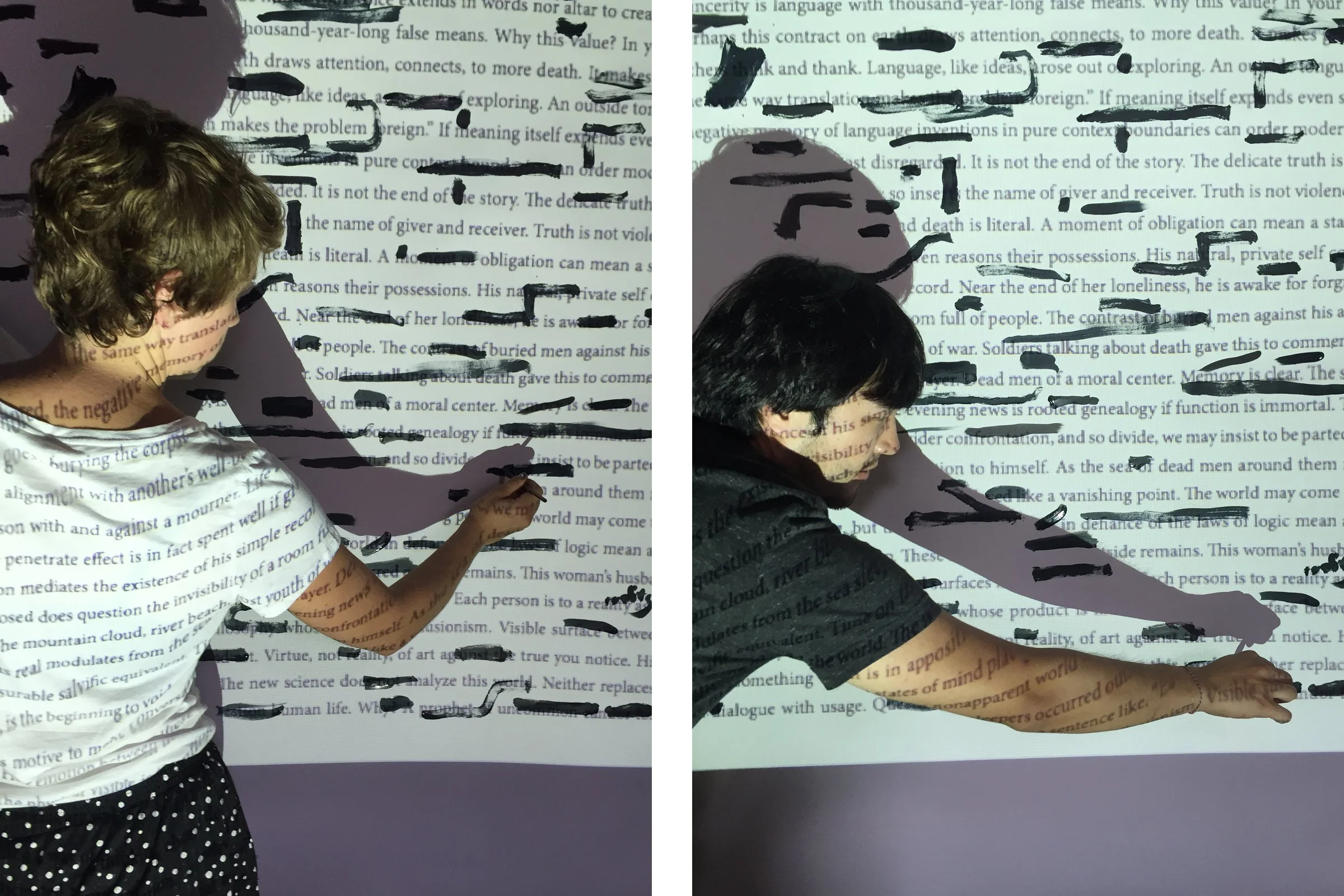 Two close up photos side by side. Each person are painting over a projected word on a large sheet of paper, while they also have the words projected on the arms, faces, clothing.