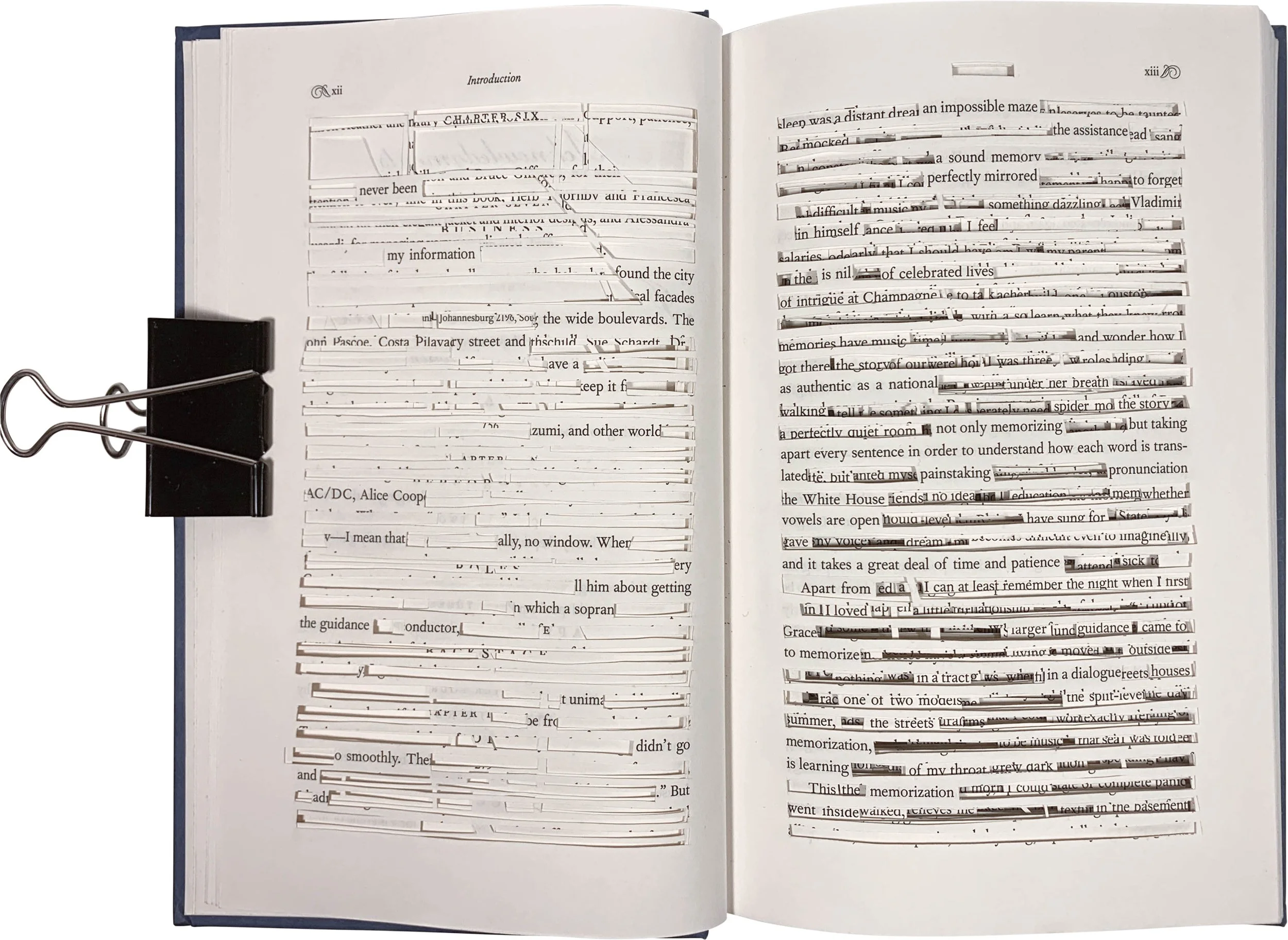 Photo of a book, with words and lines physically cut out of a book, leaving a found poem, it's written out in the image caption, titled: About Taking Sentences Apart. By Troels Steenholdt Heiredal