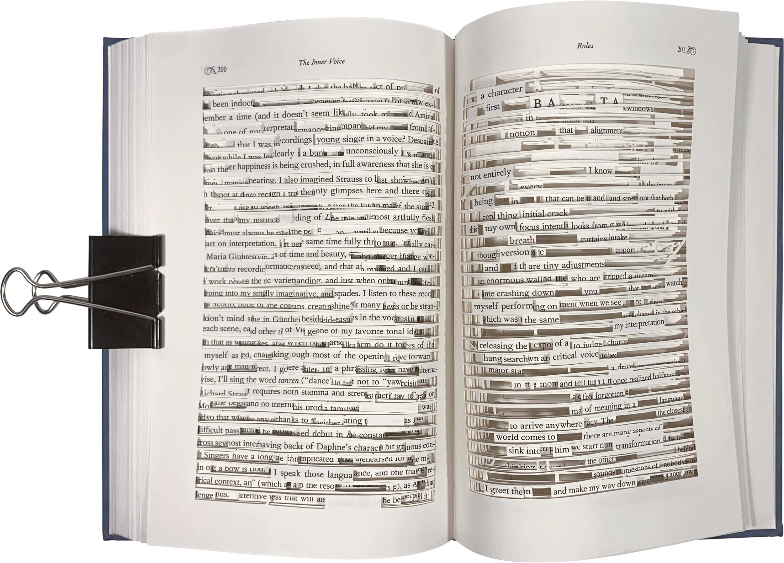 Photo of a book, with words and lines physically cut out of a book, leaving a found poem, it's written out in the image caption, titled: Locating You. By Troels Steenholdt Heiredal