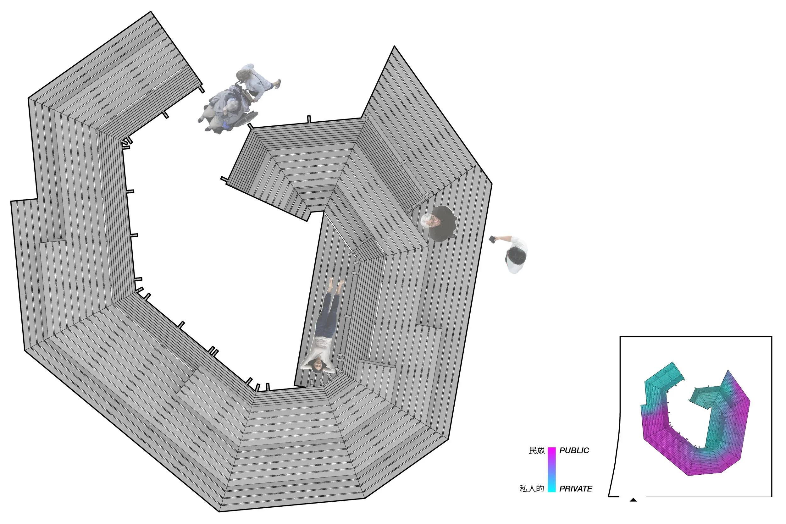 Plan, showing various uses of the space the installation creates, and a diagram indicating more public and private areas.
