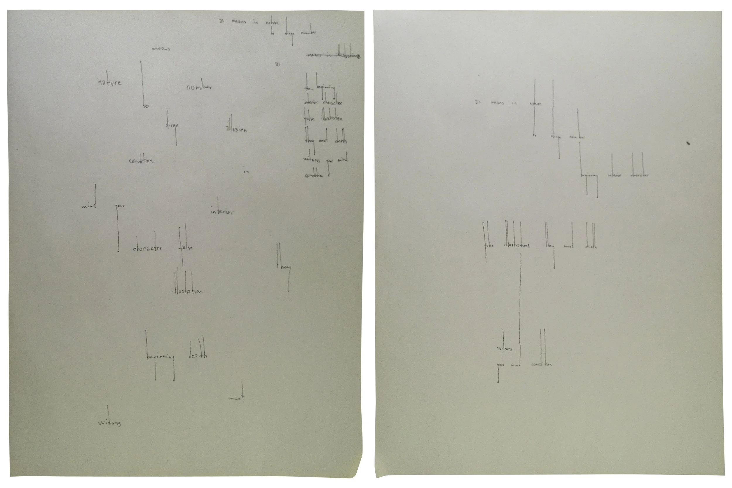 Front and back of a piece of paper. The left are words scatter over the page, the right they are rearranged into a poem. Poem in the image description below.