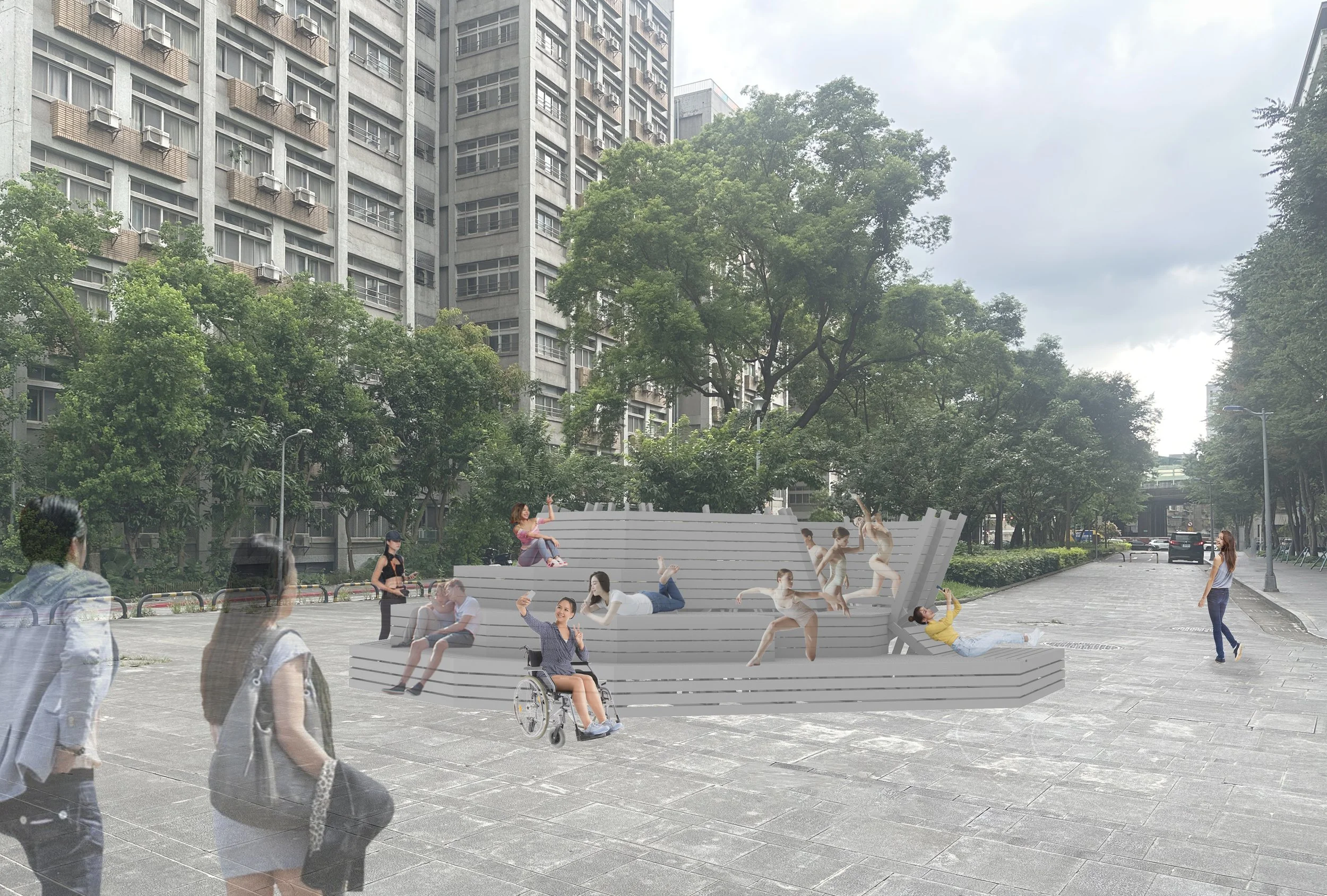 Rendering of Field of Relation: The Shape of Rest installed on a public square. People are using the installation for relaxing by themselves or in groups; also a dance groupe is doing a performance. By Troels Steenholdt Heiredal