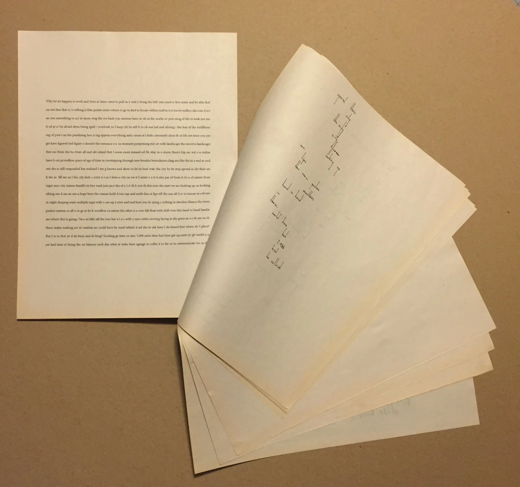 Photo of the fanned out pages of the publication. The left side shows the full poems in digital print, the left side a hand written poem.