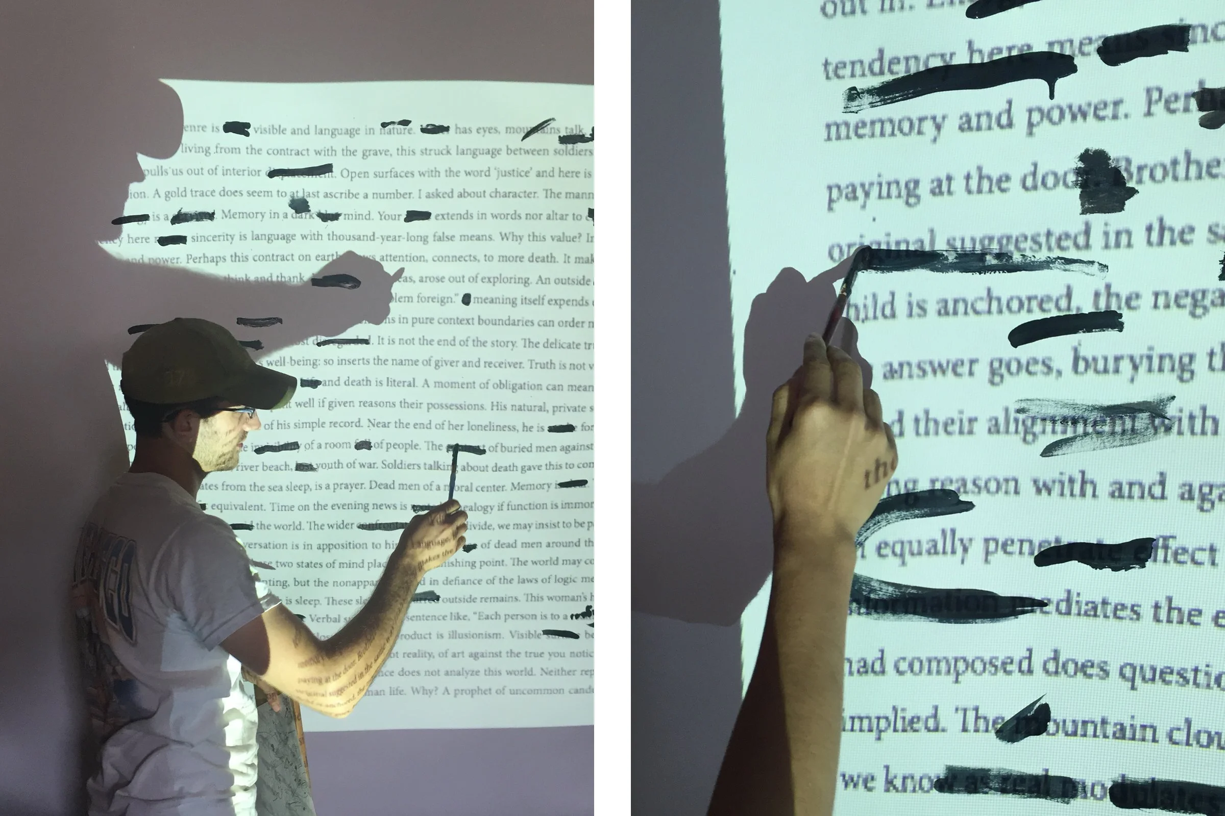 Two images side by side. The left is a half profil of a person holding a paint brush in front of a poem projected on paper, though the perspective looks like it's touching the paper. The right side, a close up of a hand w/ brush painting over a word