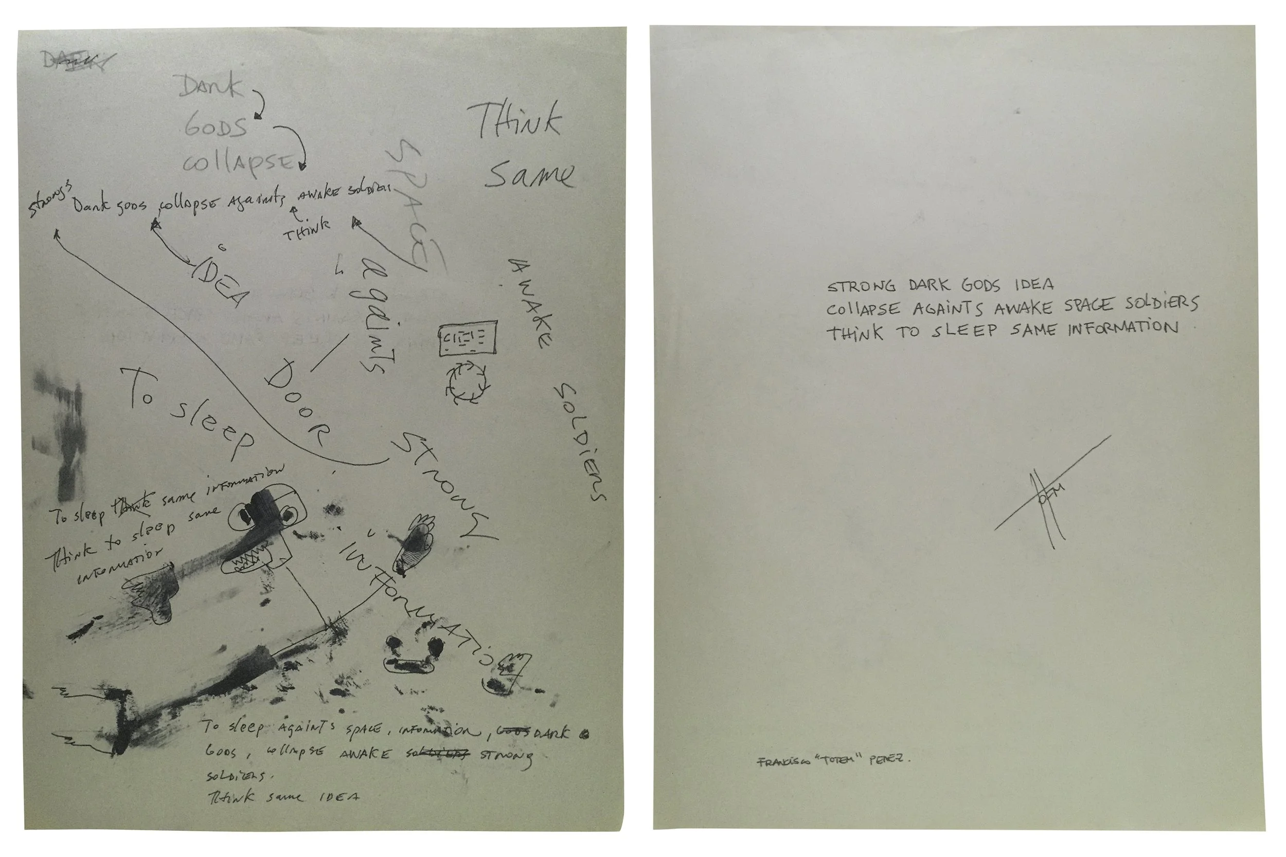 Front and back of a piece of paper. The left are words scatter all over the page amongst arrows, a few small drawings, and some paint marks. The right they are rearranged into a poem. Poem in the image description below.