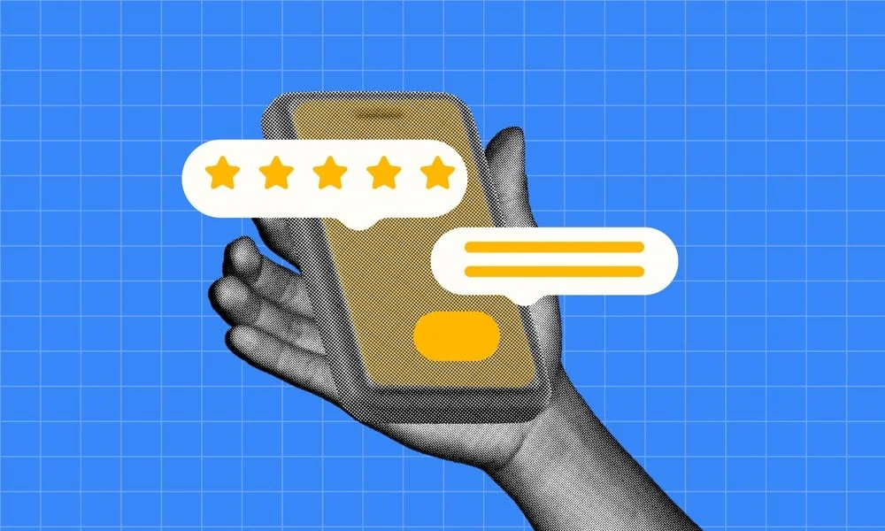 Hand holding a smartphone with a five-star review and message bubbles, symbolizing online reviews, reputation, and trust signals for local businesses.