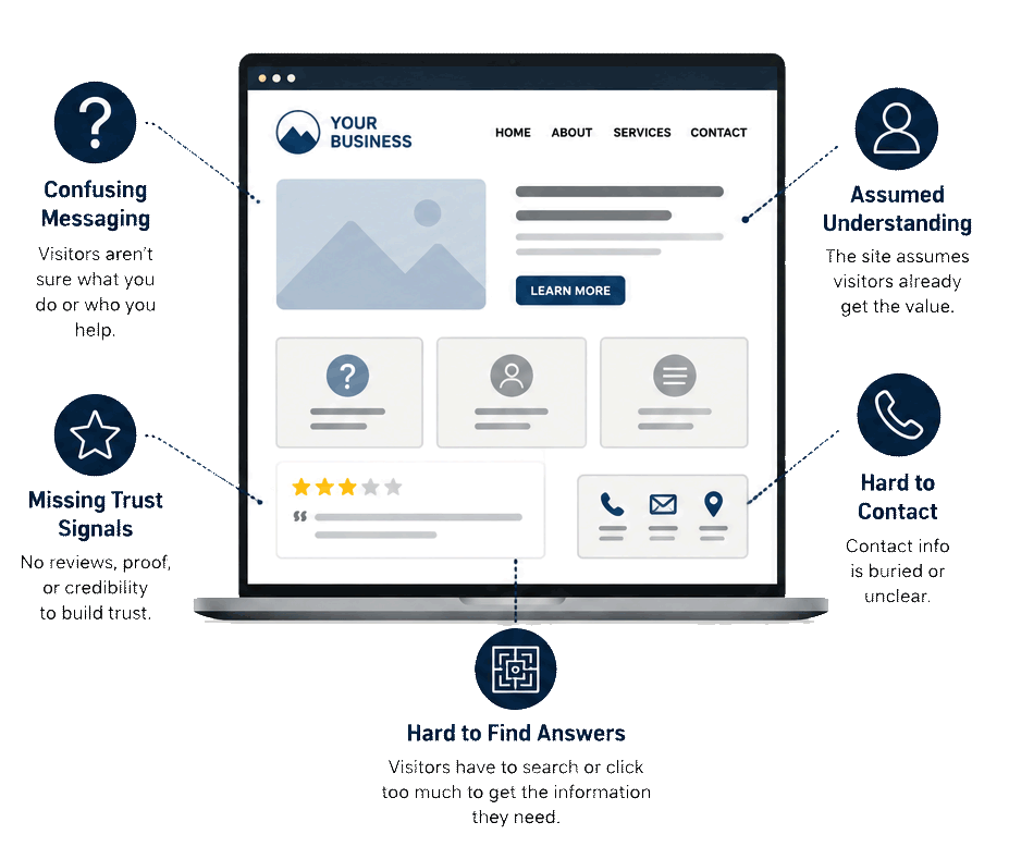 An infographic showing issues with a business website. It highlights confusing messaging, missed trust signals, assumed understanding, hard to contact information, and difficulty finding answers. The diagram displays a laptop screen with a website layout and labels pointing to each problem area.