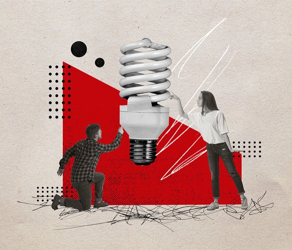 A digital collage featuring a large lightbulb with two children, a boy and a girl, interacting with it. The boy is kneeling and pointing at the lightbulb, while the girl is standing and touching it. The background has textured beige with geometric shapes and scribbles, with a red accent behind the lightbulb.