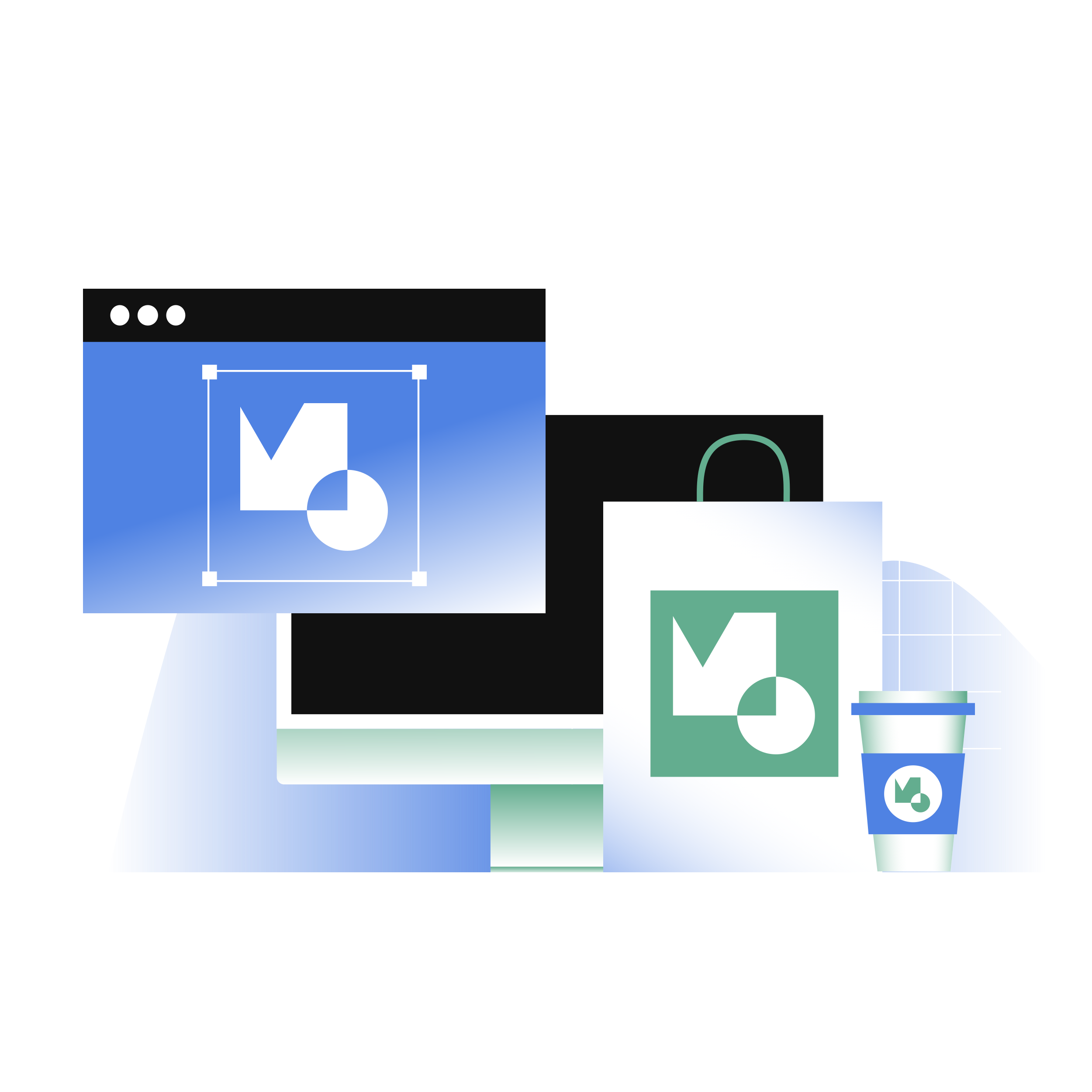Digital illustration of Adobe Creative Cloud branding and logo on a computer monitor, shopping bag, and coffee cup, featuring abstract geometric shapes and design elements in blue, green, and white.