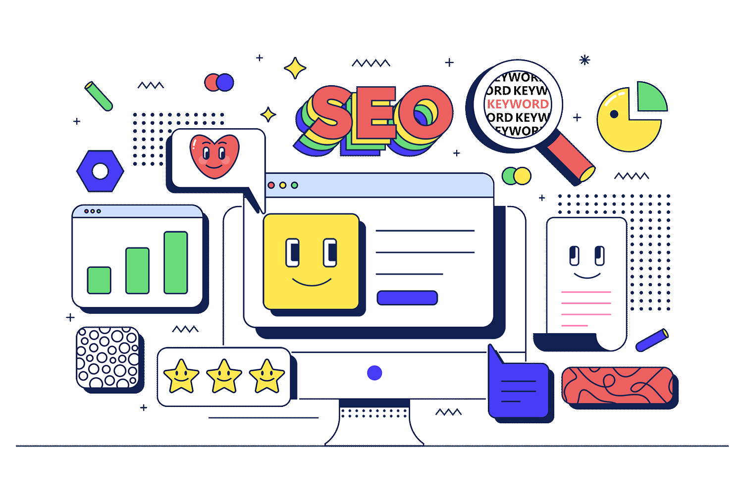 Digital illustration representing SEO concepts with a computer monitor, colorful 3D 'SEO' text, magnifying glass with 'keyword' text, graphs, star ratings, happy faces, and various abstract elements and icons.