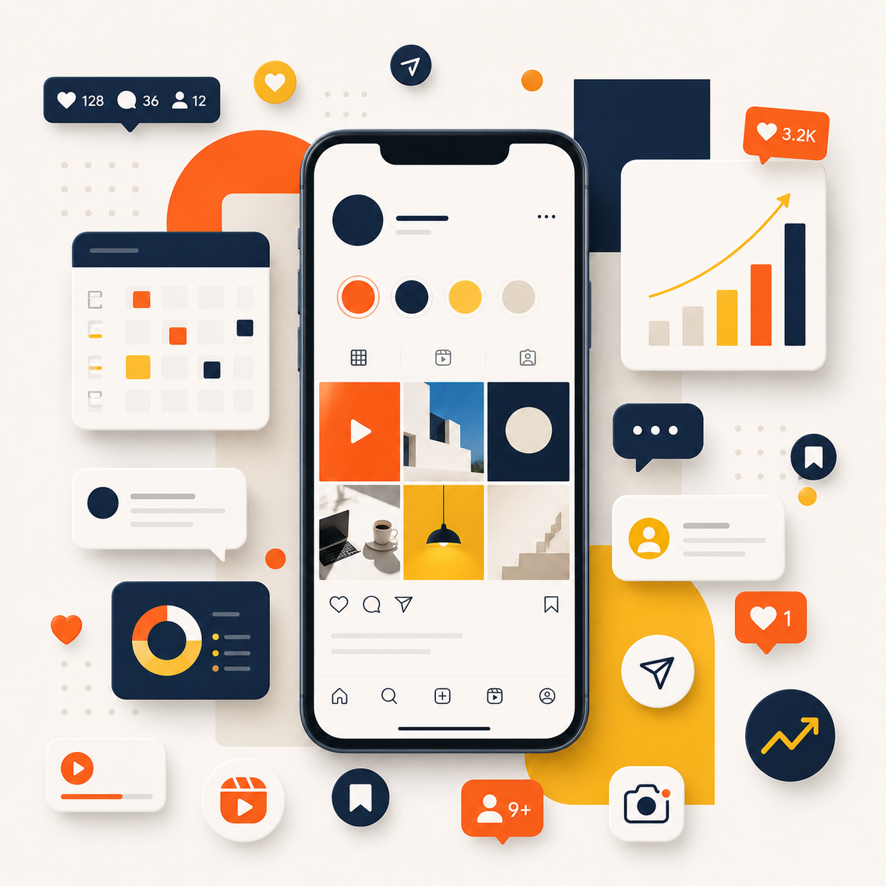 Smartphone displaying an Instagram profile surrounded by social media icons and graph illustrations on a white background.