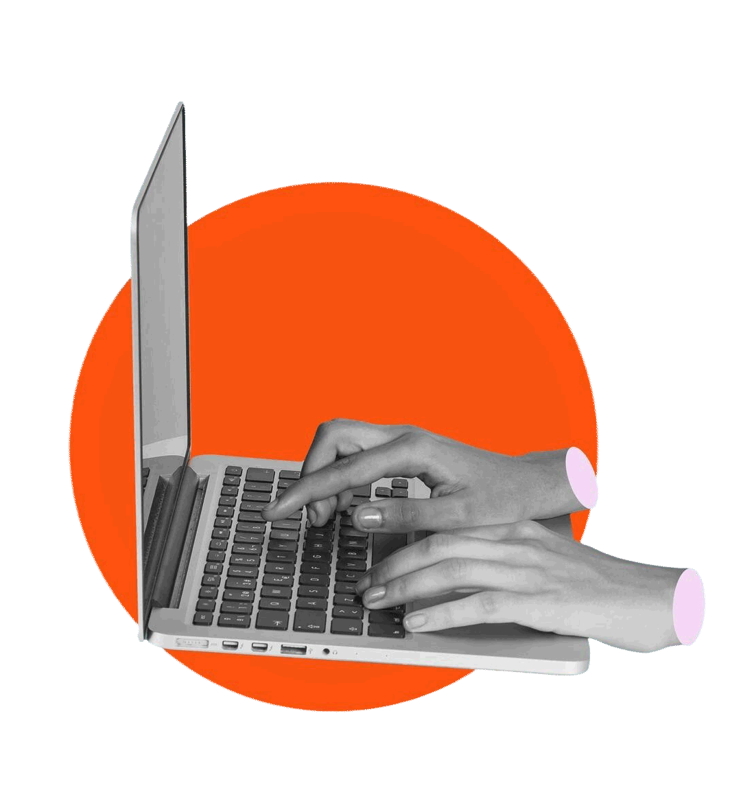 Black and white photo of a person typing on a laptop with a bright orange circle behind it.