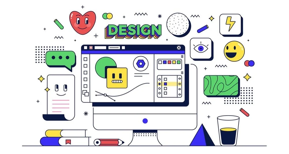 Colorful desktop screen with creative design elements, icons, and tools—representing custom website design and branding by Moxie Creative Solutions