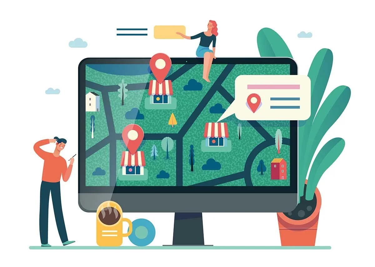 Illustration of a computer screen showing local businesses on a map, representing small business marketing and online visibility in Google search.