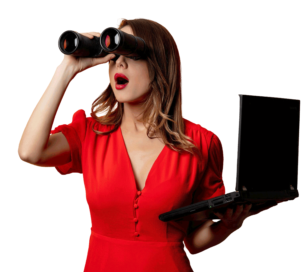 Digital marketing professional researching search opportunities using binoculars and a laptop