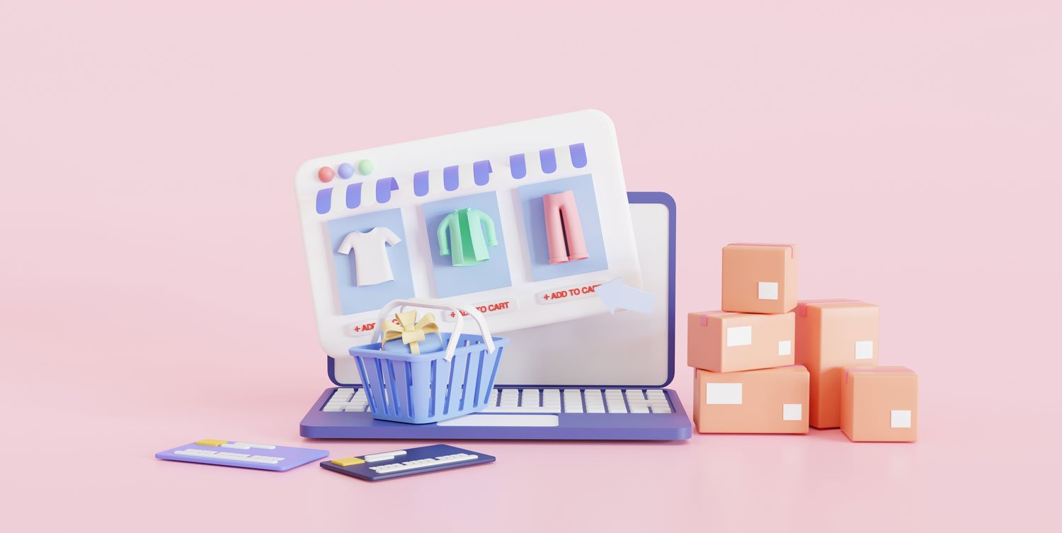 3D illustration of an online shopping website displayed on a laptop with clothing items, a shopping basket, credit cards, and delivery boxes.