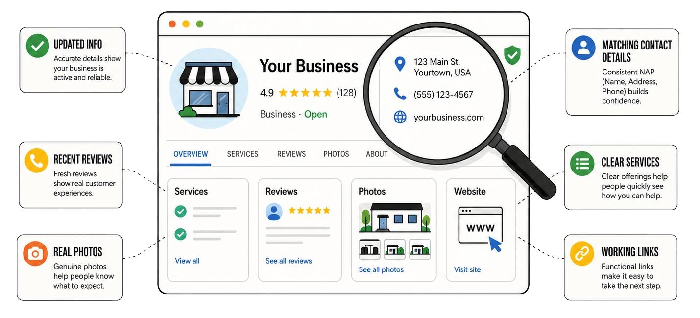 An infographic showing how to optimize a business listing online, including sections for updated info, recent reviews, real photos, contact details, services, reviews, photos, website, and links, with icons and brief Descriptions.