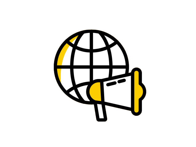 Illustration of a globe with a megaphone representing online marketing and brand visibility