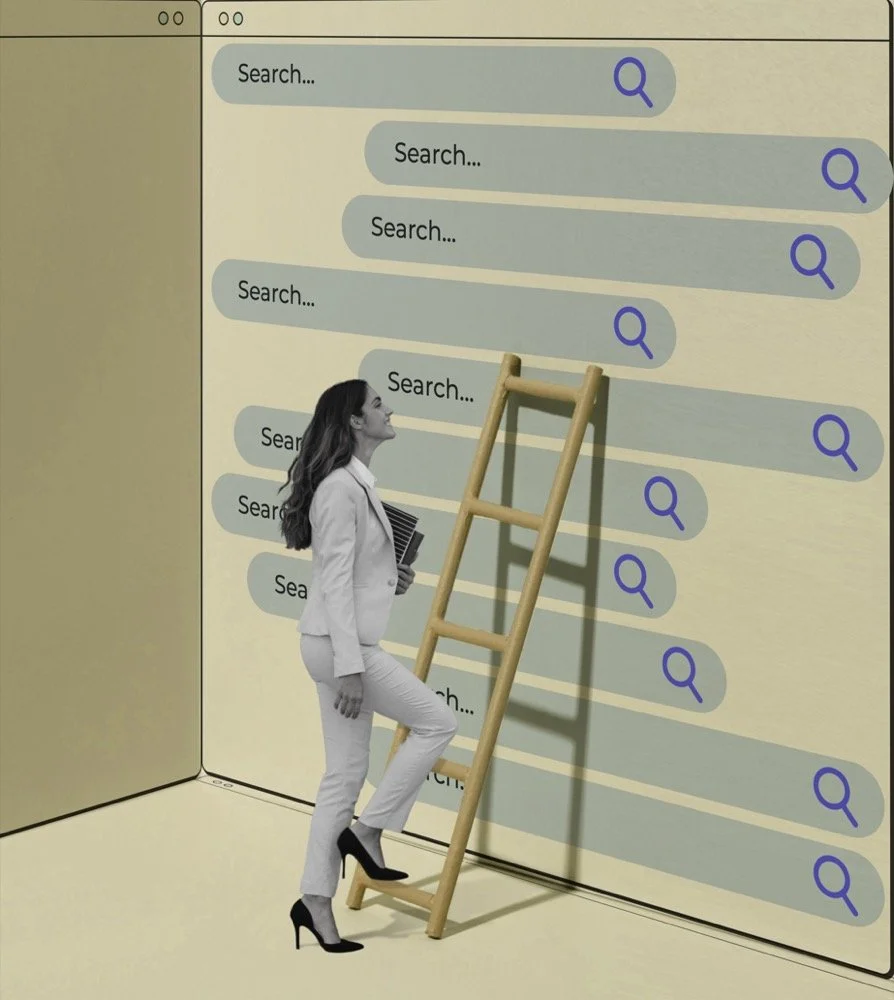 Small business SEO strategy illustration showing a woman climbing a ladder toward search results, representing Moxie digital marketing and search engine optimization.